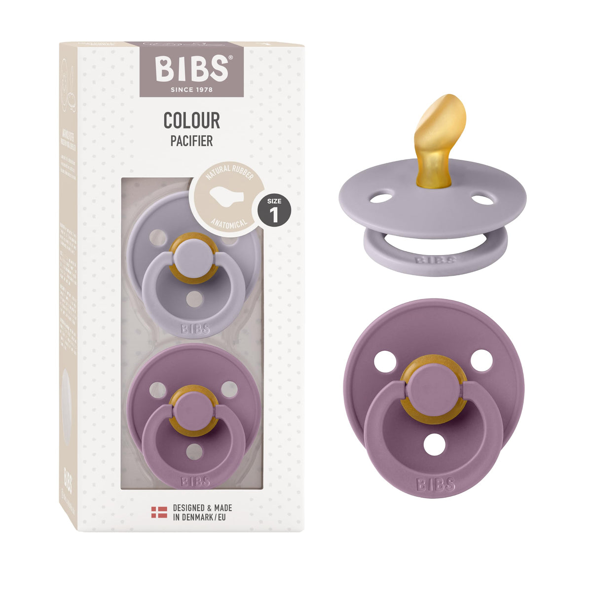 BIBS Pacifiers Colour with anatomical nipple for natural sucking comfort.
