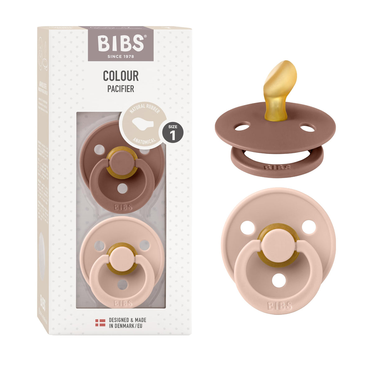 BIBS pacifiers set in blush and Woodchuck colors for newborn soothing