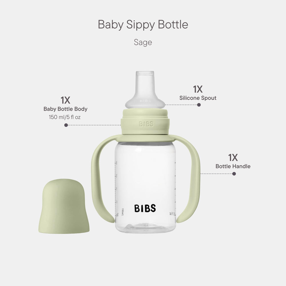 BIBS Sippy Bottle Sage 150 ml leak-proof cap keeps outings clean.