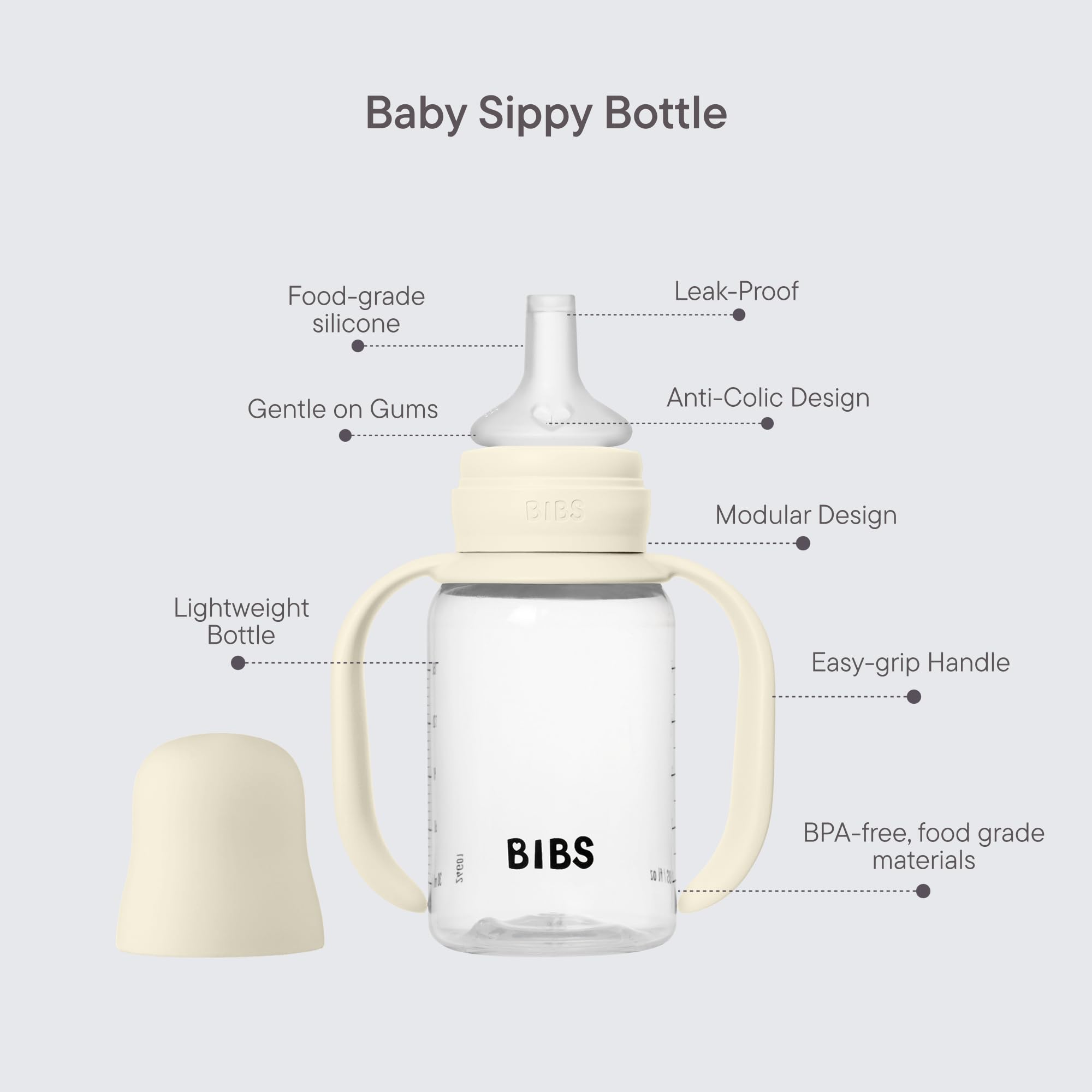 BIBS Sippy Bottle Sage soft silicone spout gentle on gums during teething.