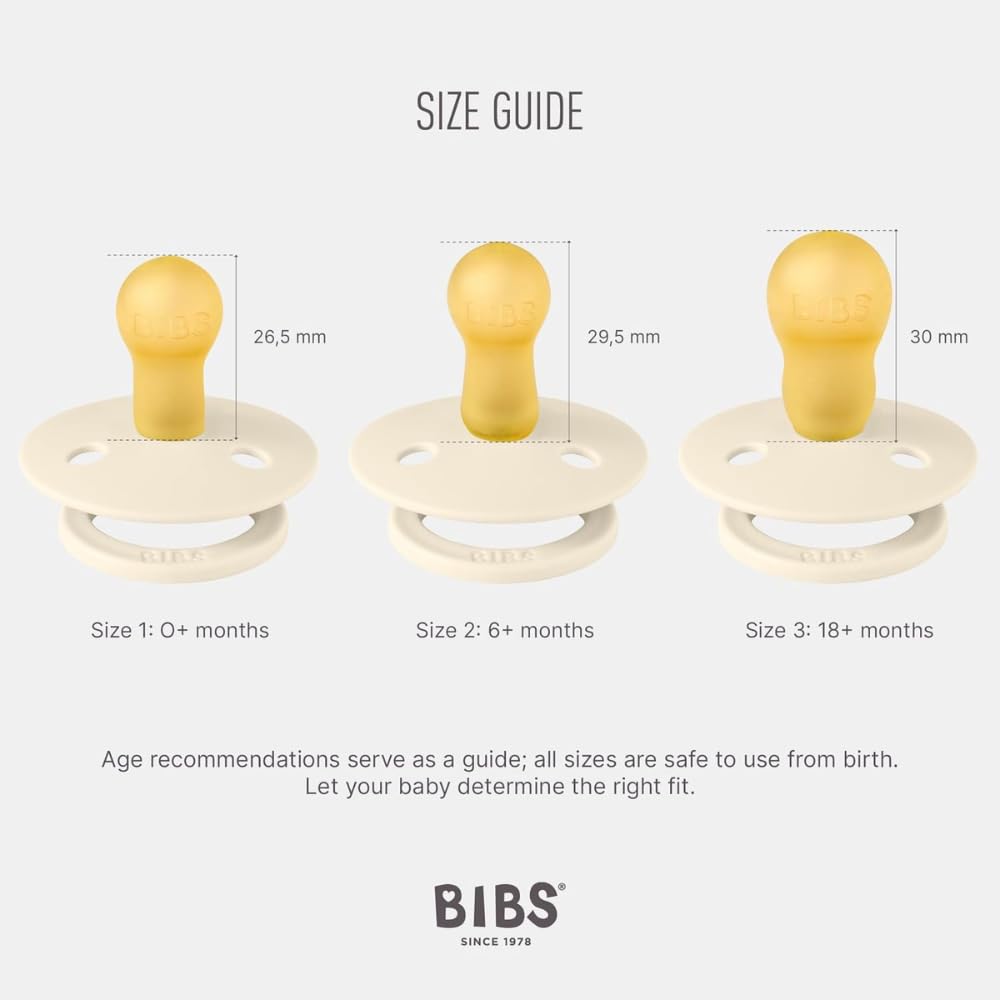 BIBS size 1 (0-6 months) pacifier fits early-stage babies.