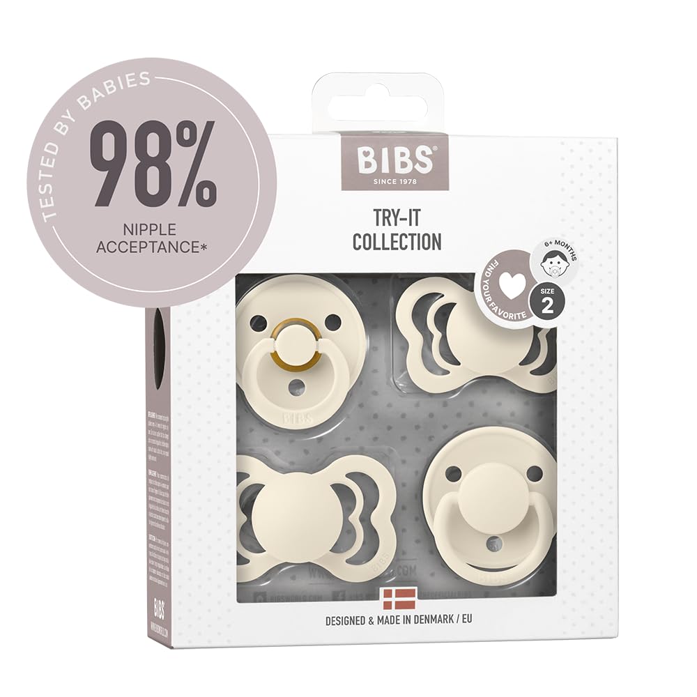 BIBS Try-It Collection 4-pack soothers in ivory for calming babies.