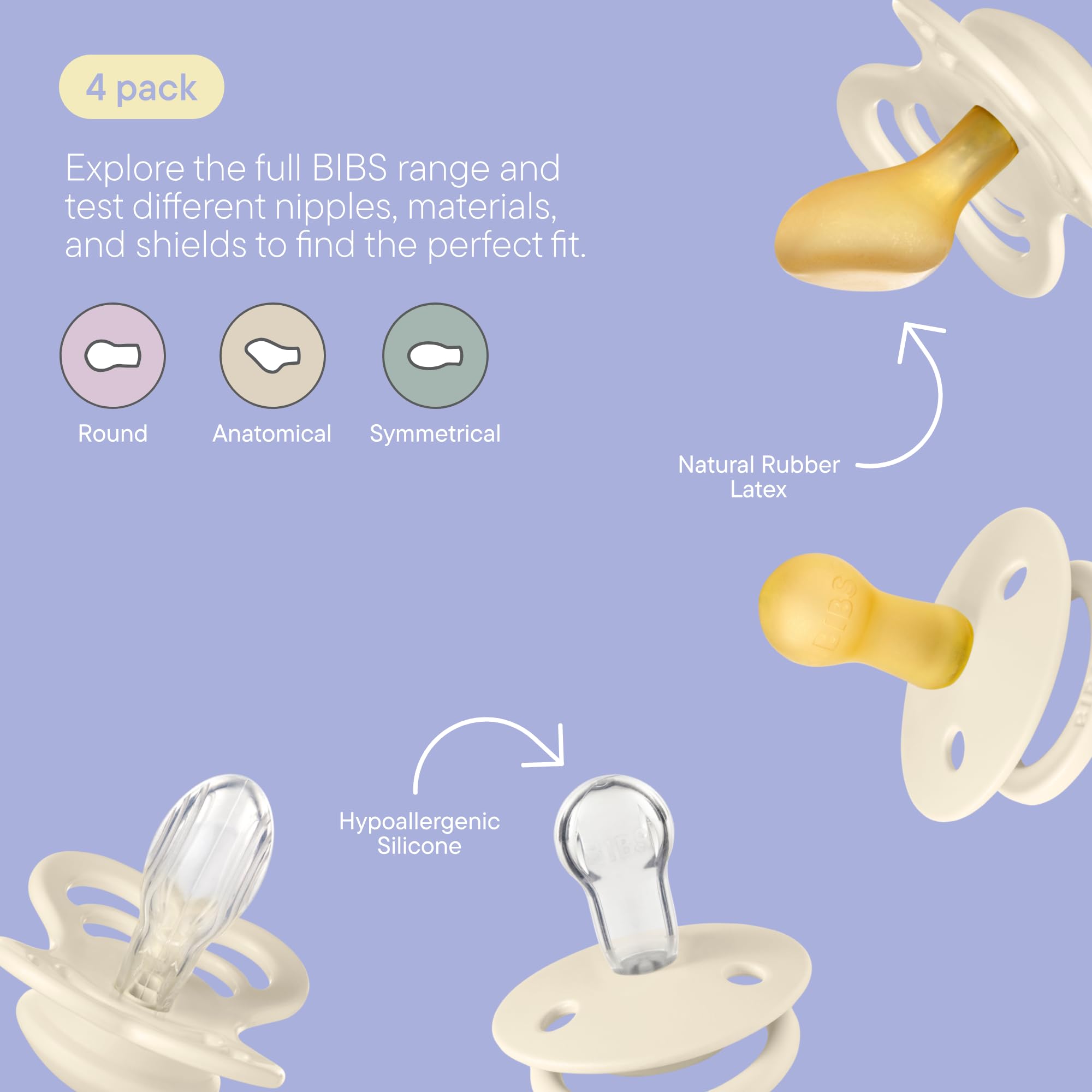 BIBS anatomical nipple pacifier highlight for varied oral development.