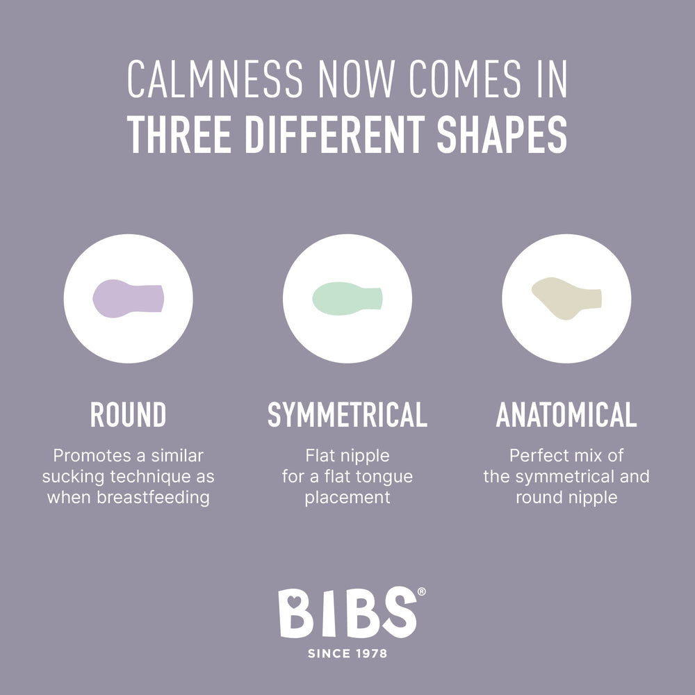 BIBS symmetrical nipple pacifier with balanced design for comfort.