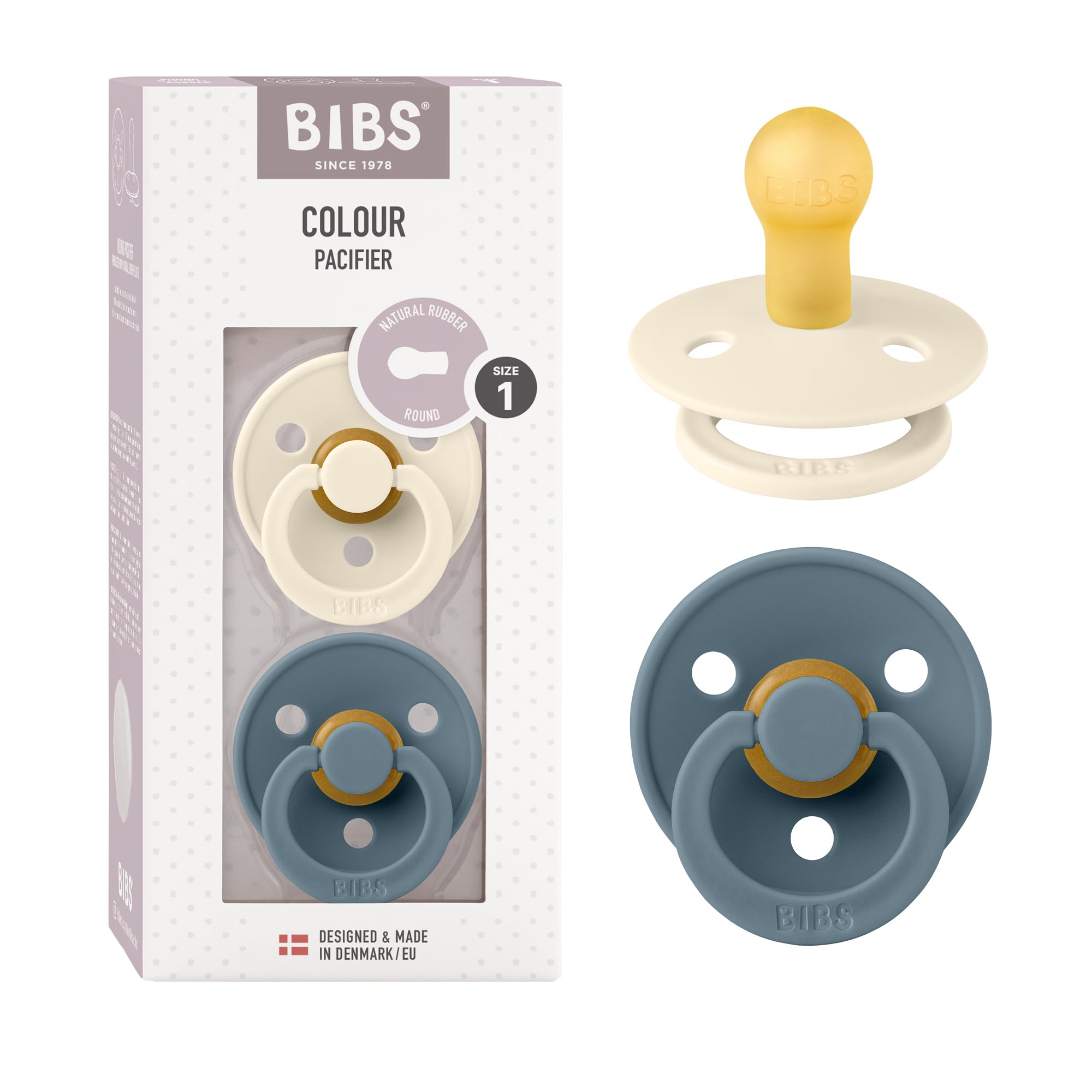 BIBS two-pack pacifiers in ivory and petrol for stylish soothing.