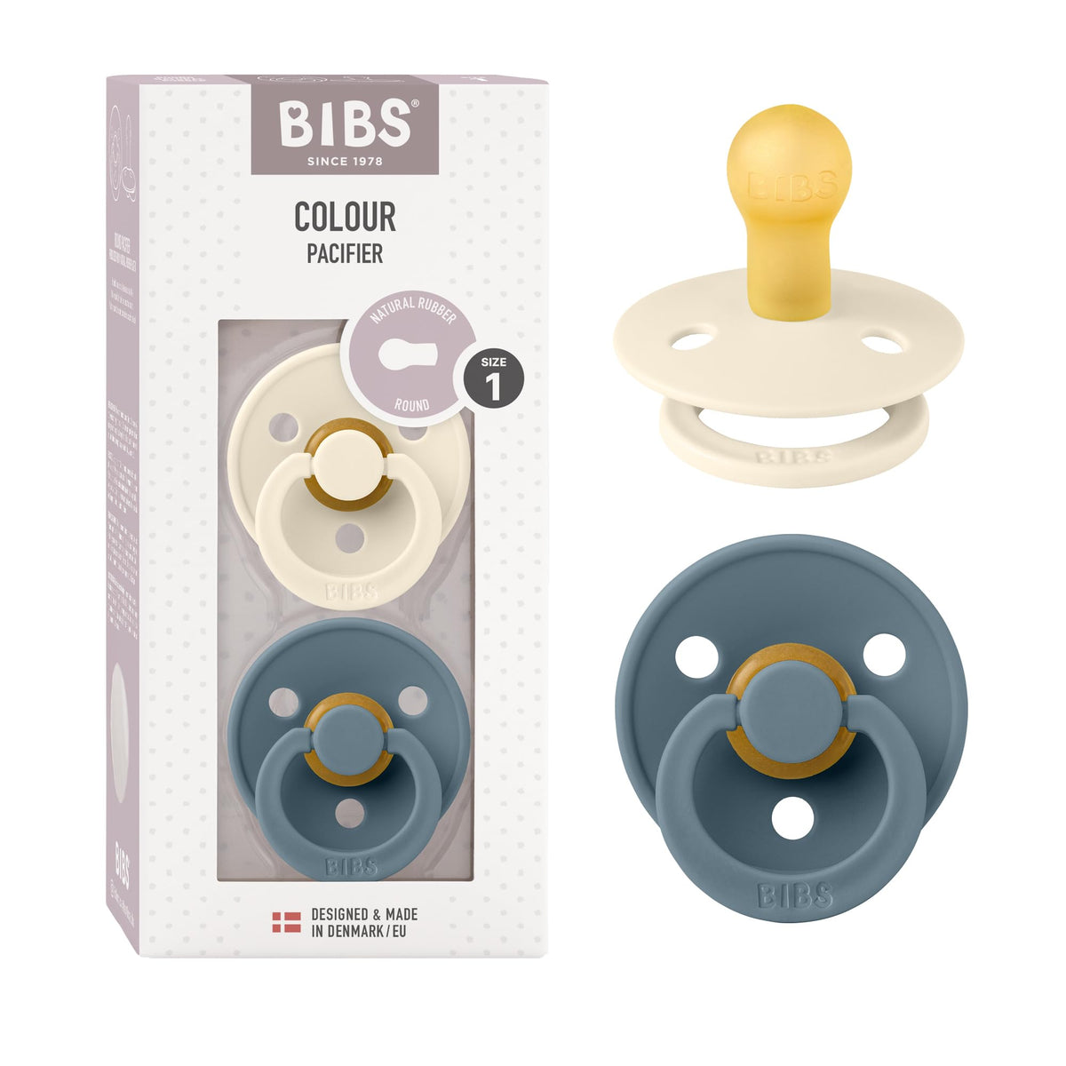 BIBS two-pack pacifiers in ivory and petrol for stylish soothing.