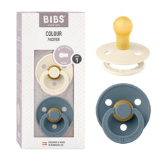 BIBS two-pack pacifiers in ivory and petrol for stylish soothing.