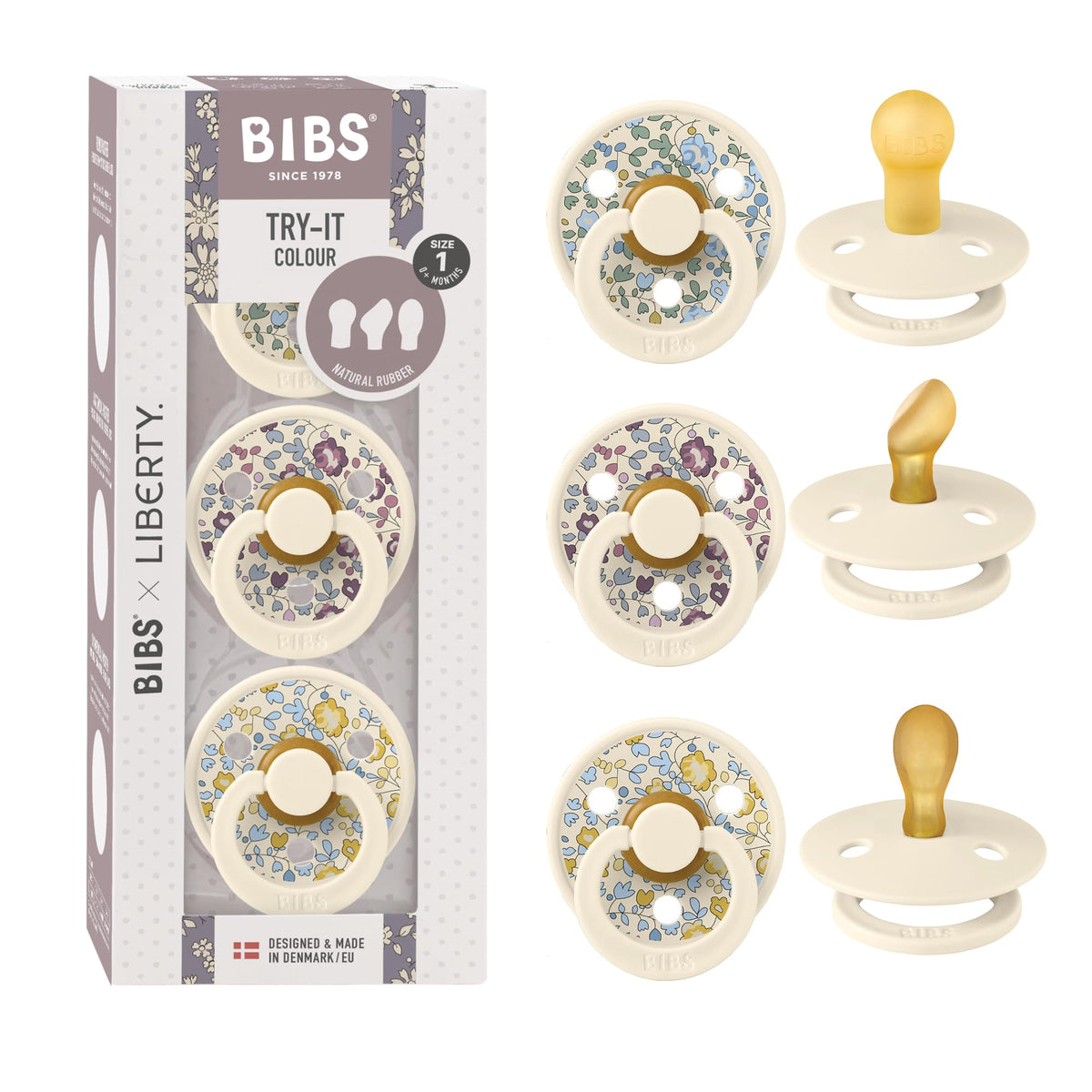 BIBS Colour Liberty Eloise pacifiers pack-3 for gentle soothing.