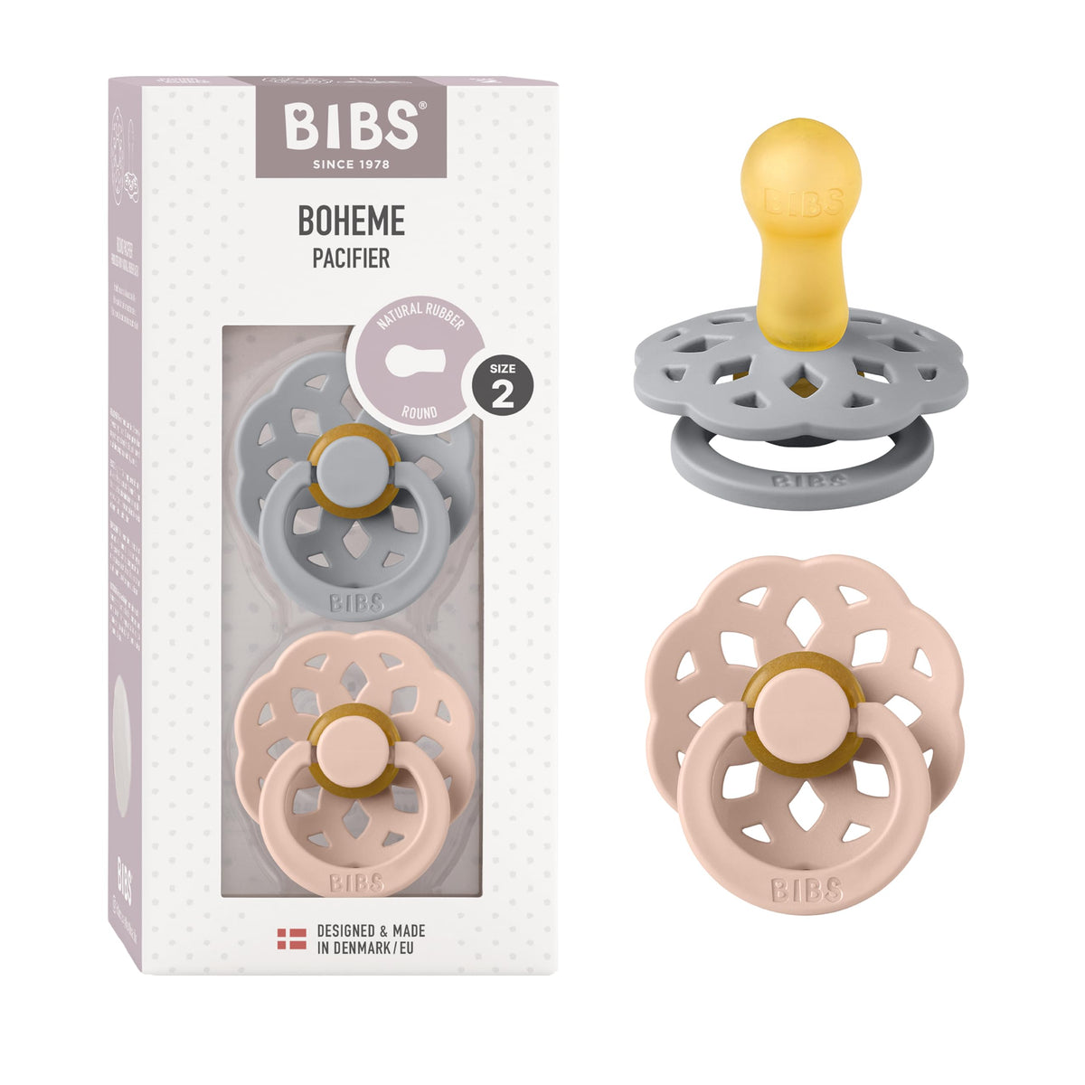 BIBS Boheme pacifiers in Cloud and Blush 2-pack for natural soothing