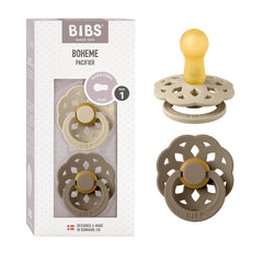 BIBS Boheme Vanilla and Dark Oak pacifiers in the set offer soothing newborn comfort.