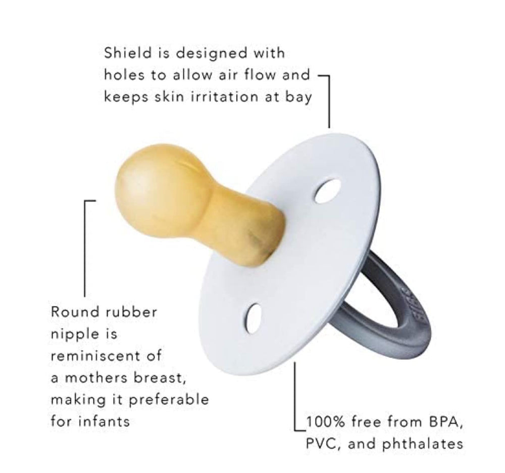 BIBS pacifiers steel blue close-up, durable latex for gentle soothing.