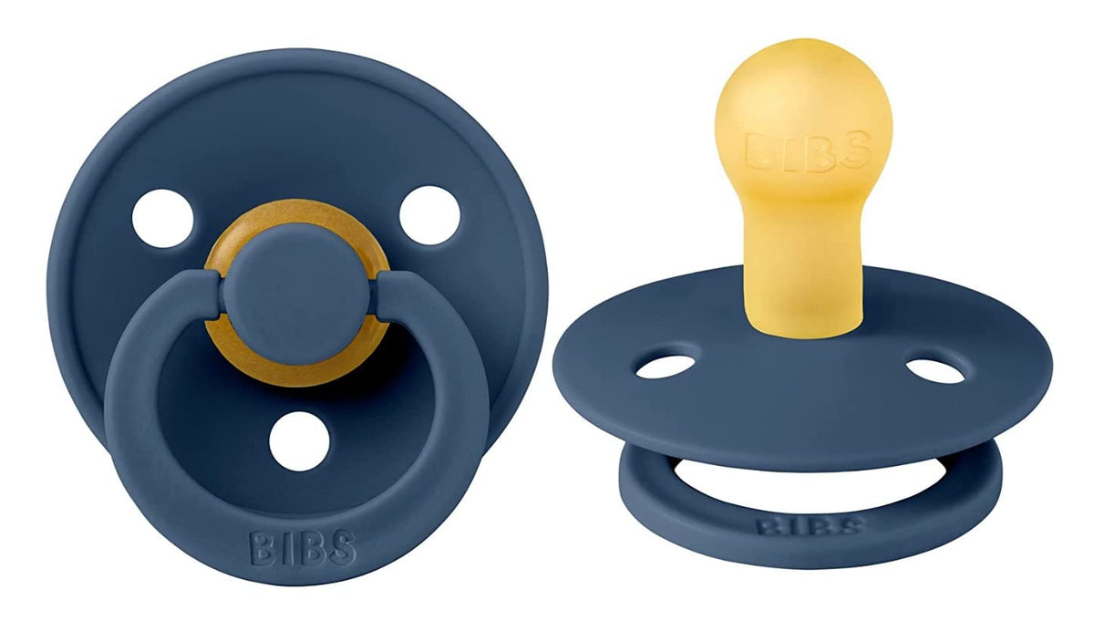 BIBS pacifiers steel blue pack, front view, natural latex design for calming comfort.
