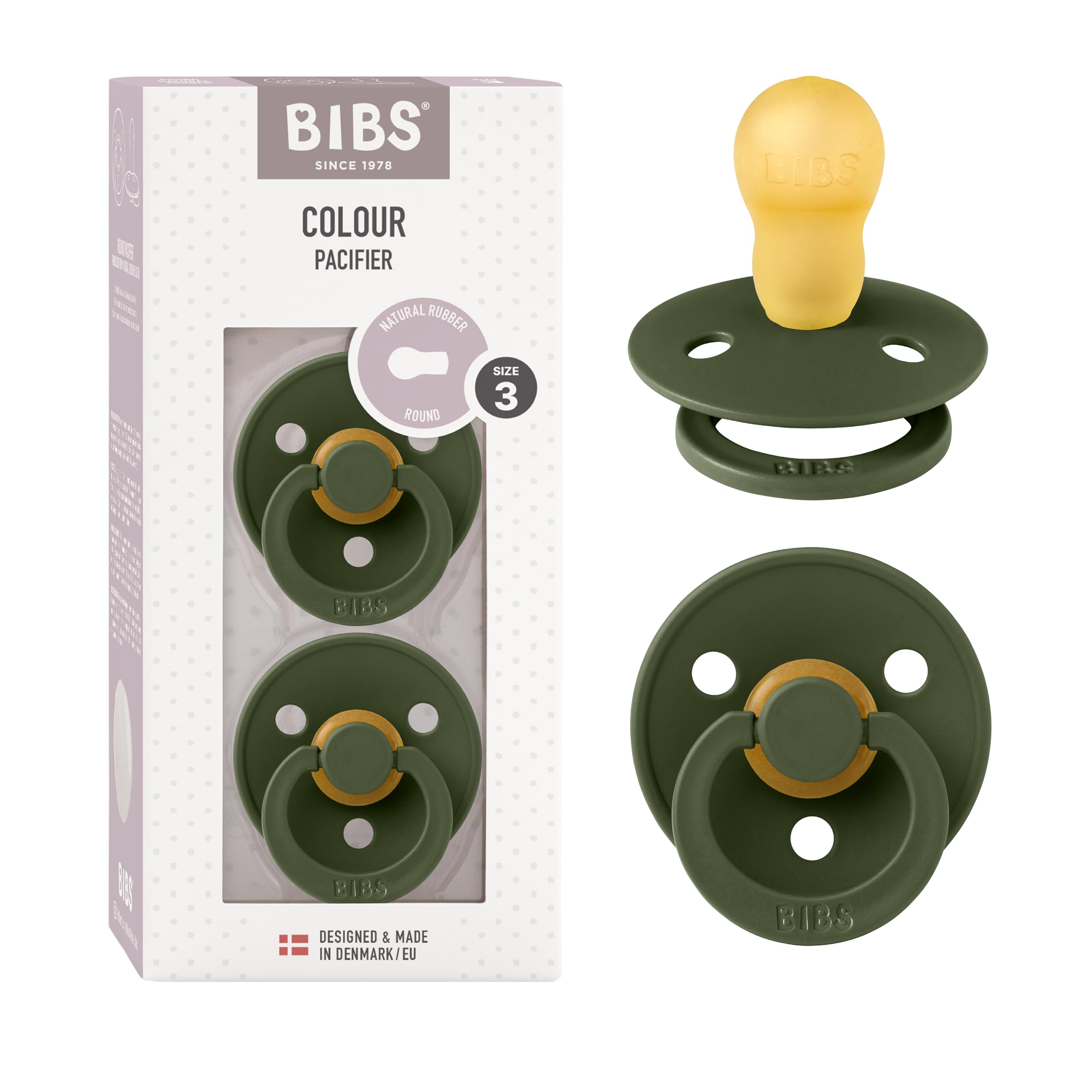 BIBS hunter green pacifier front view showing classic Danish design and soothing presence