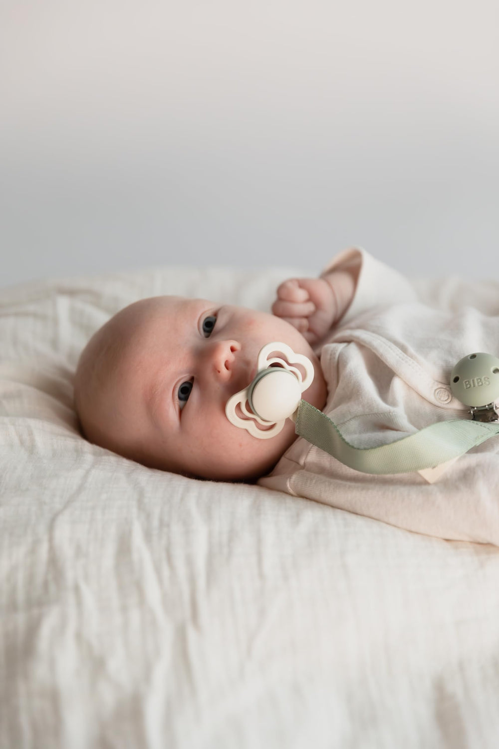 BIBS vanilla anatomical nipple pacifier adapts to evolving oral development.