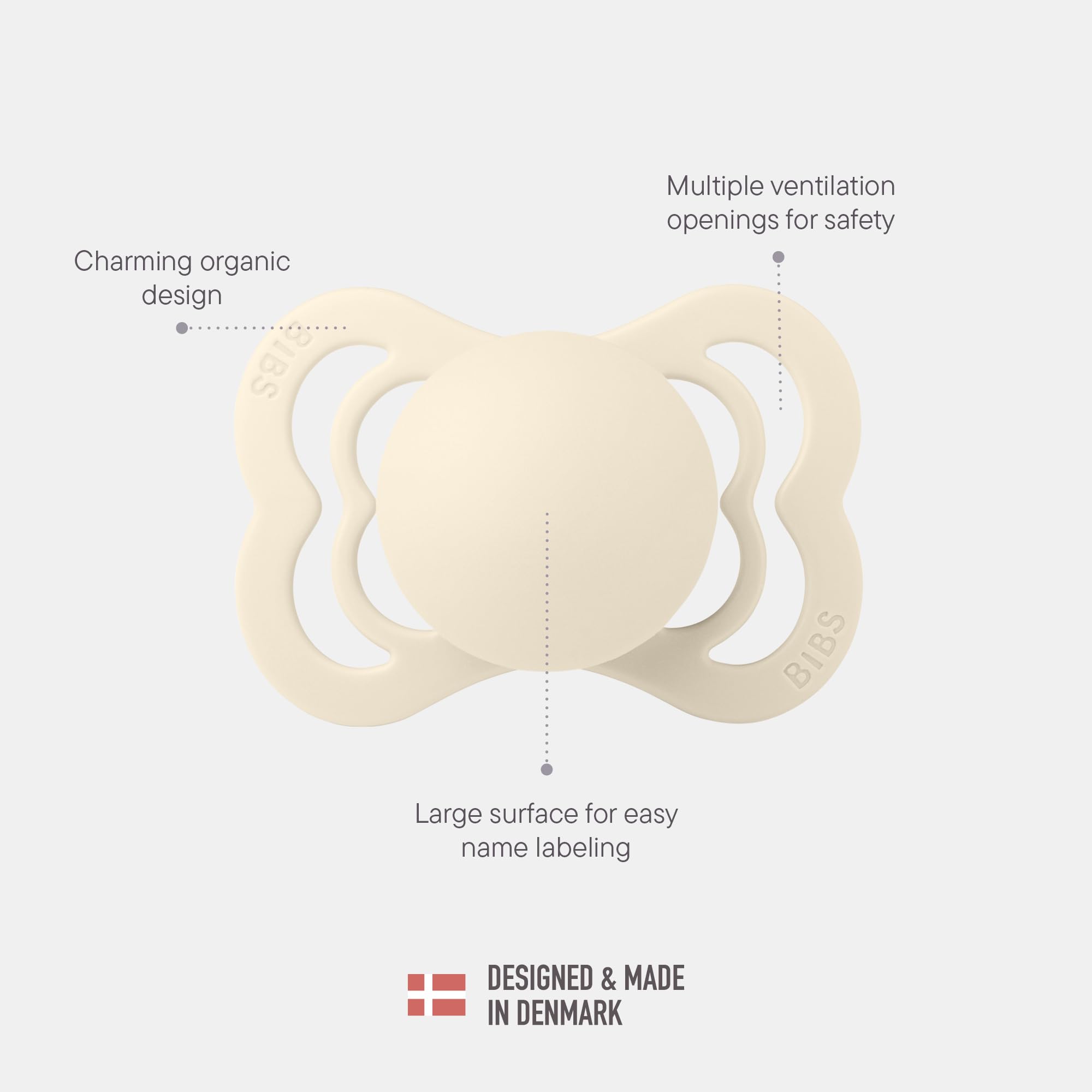 BIBS vanilla symmetrical nipple pacifier offers flexible comfort for growing babies.
