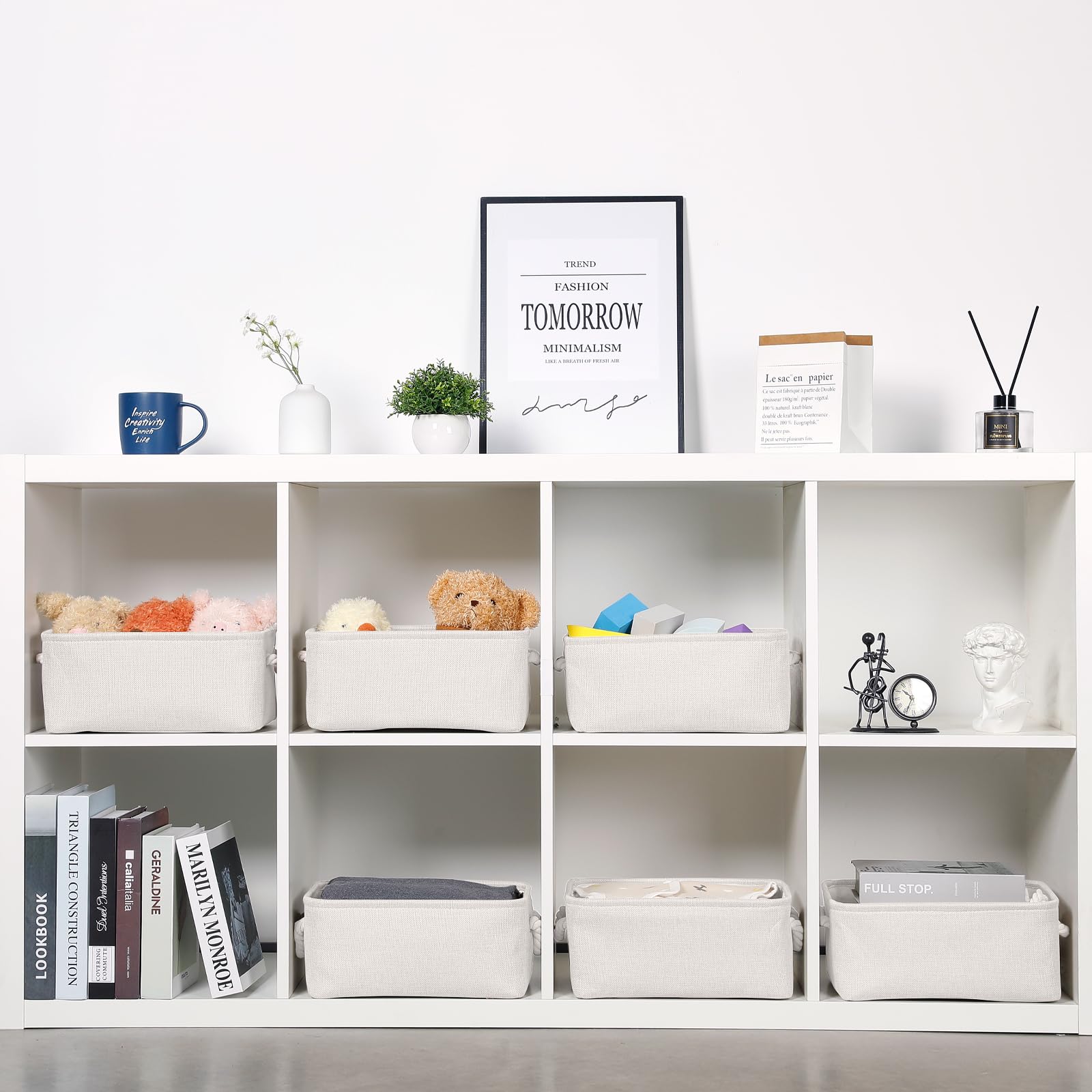 Bidtakay collapsible beige fabric storage bin shown folded and open.