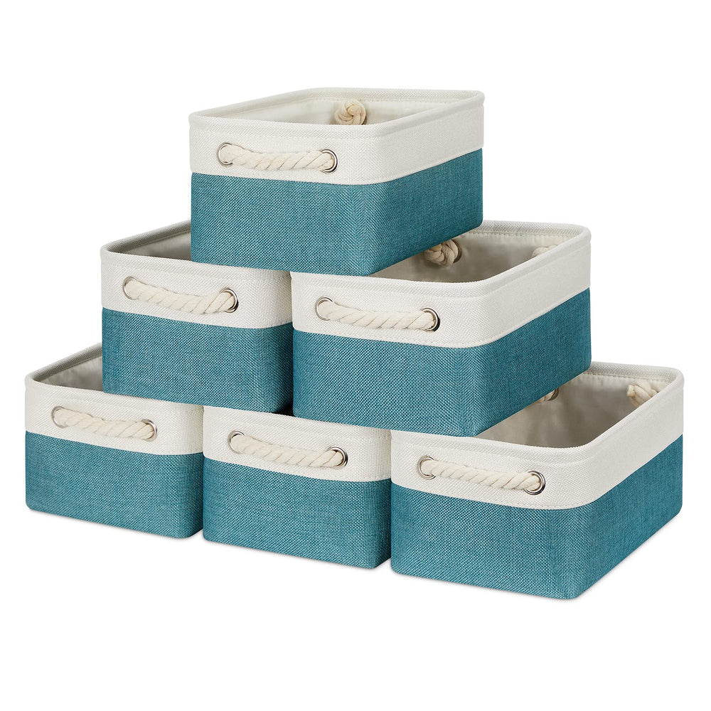 Bidtakay fabric baskets front view in white-teal for tidy shelf organization.