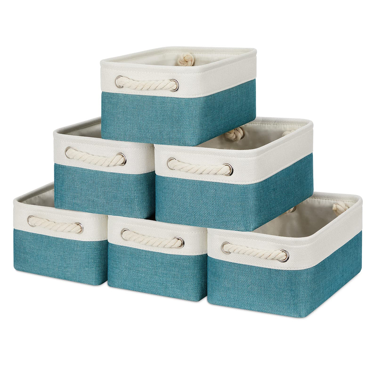 Bidtakay fabric baskets front view in white-teal for tidy shelf organization.