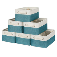 Bidtakay fabric baskets front view in white-teal for tidy shelf organization.