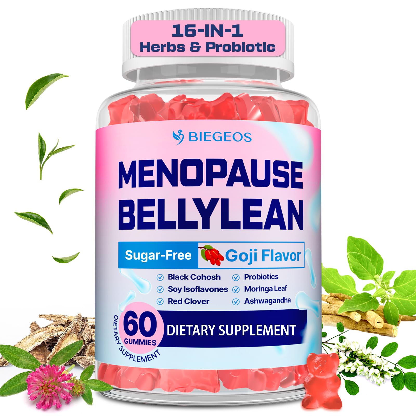 Biegeos menopause gummies bottle ready for daily balance and comfort.