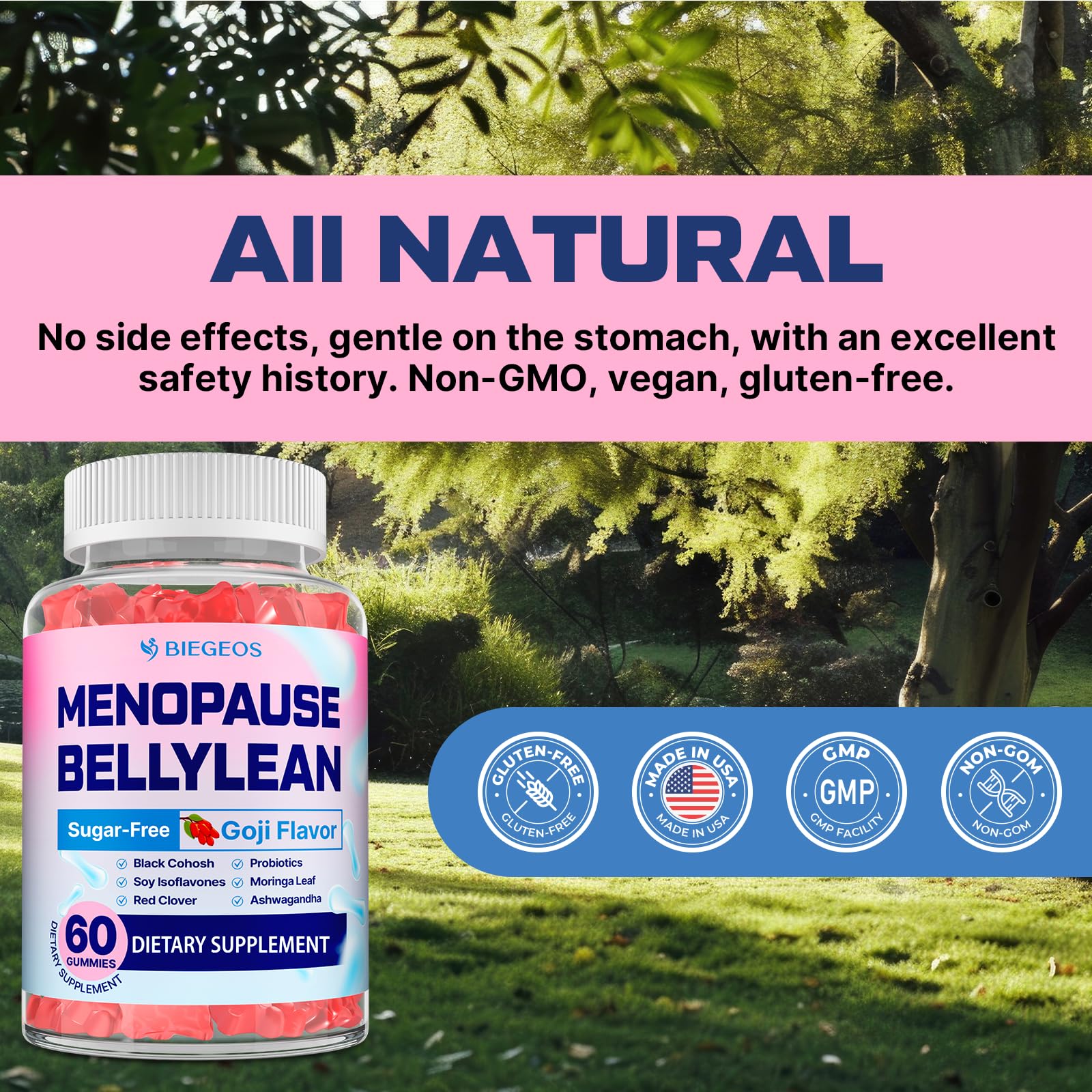 Biegeos menopause gummies laid out with wellness routine imagery.