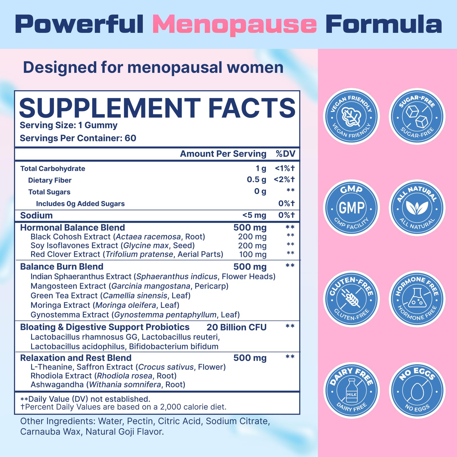 Biegeos menopause gummies label highlights 16-in-1 natural formula.