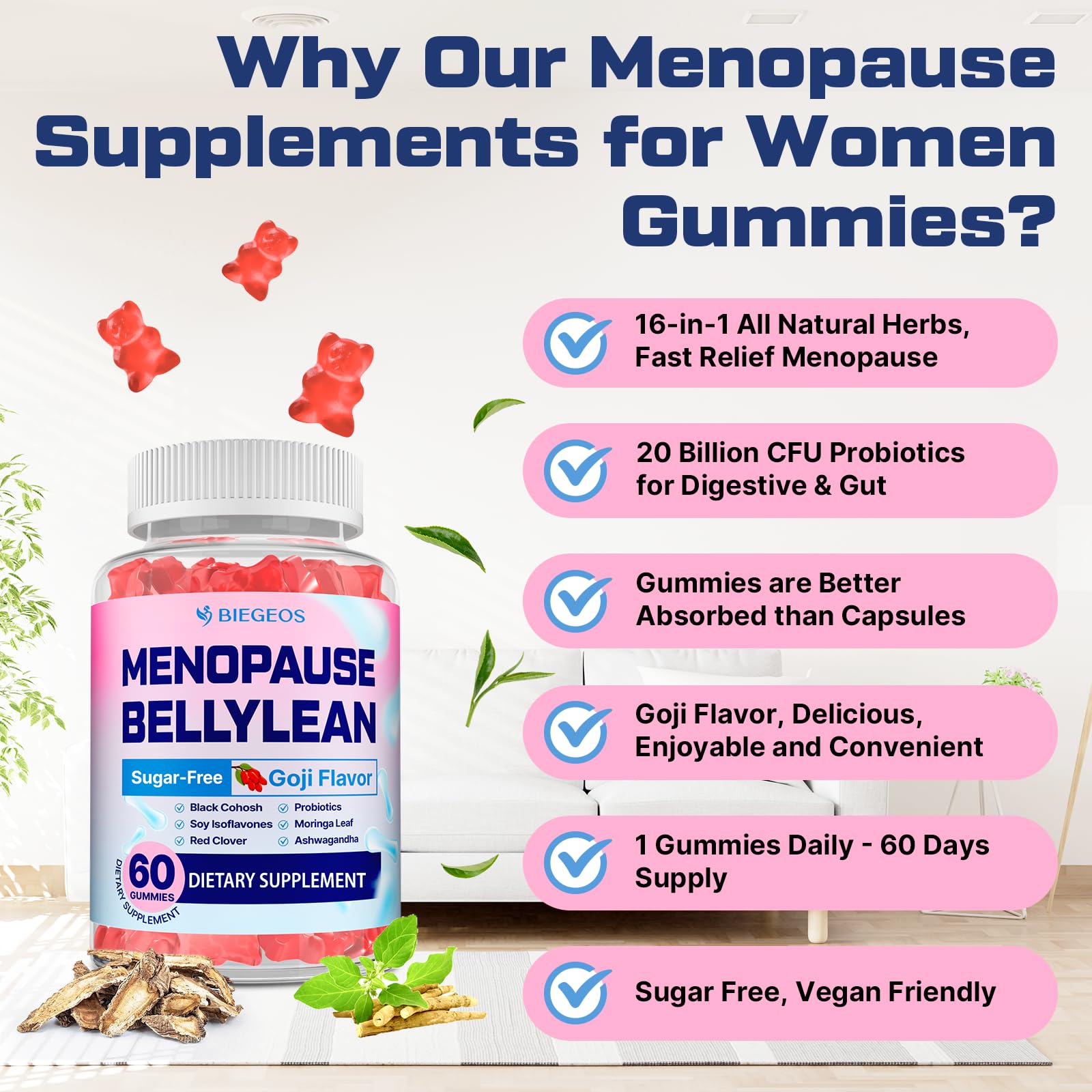 Biegeos menopause gummies bottle displaying sugar-free claim.