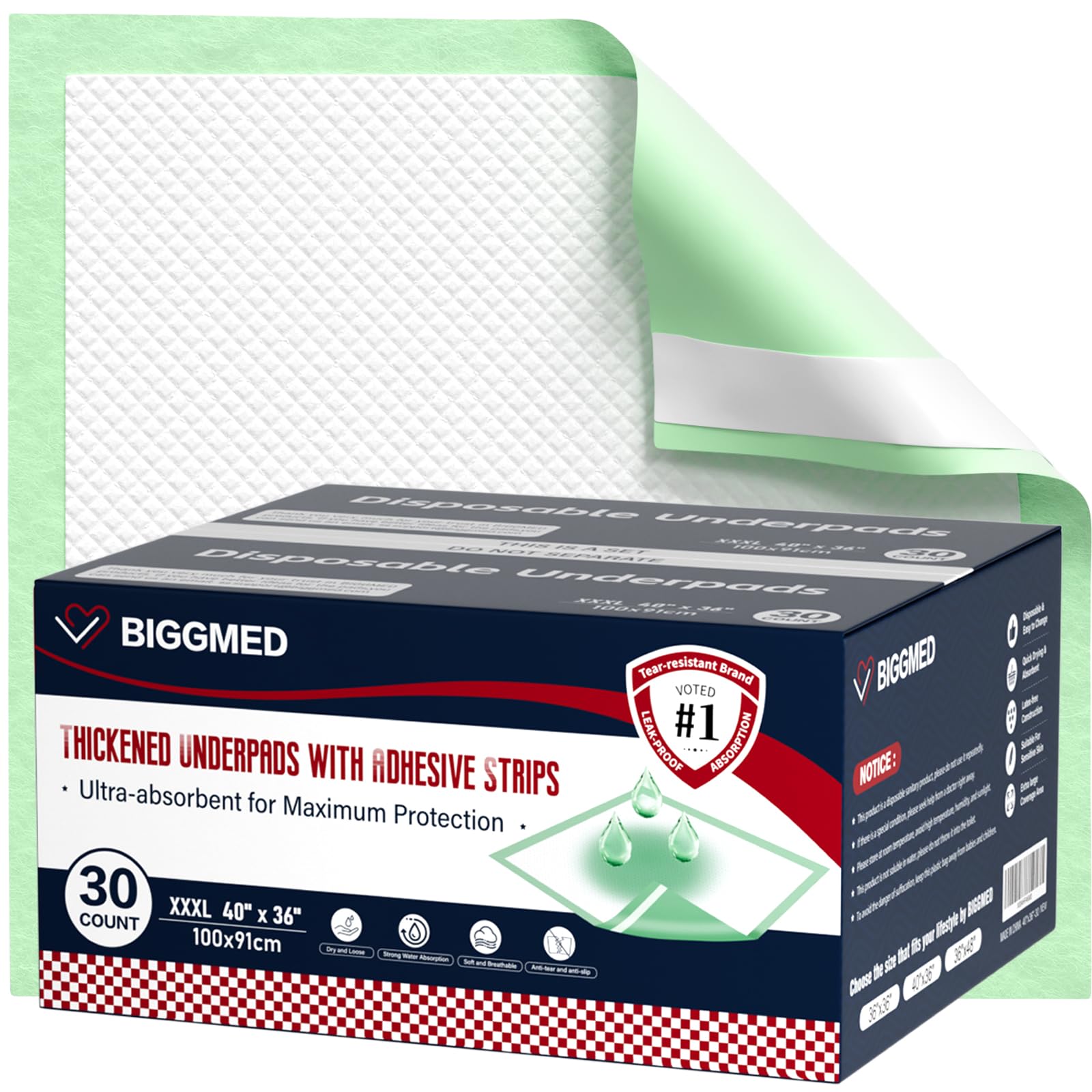 BIGGMED bed pad with adhesive strips on mattress for stable overnight protection.