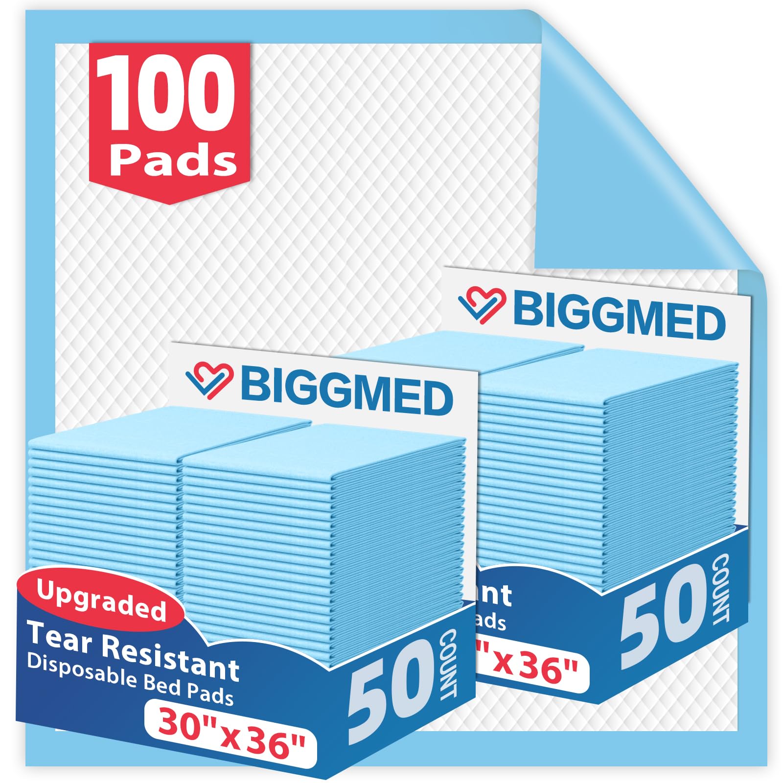 BIGGMED tear-resistant bed pad, side view shows protection and dryness.