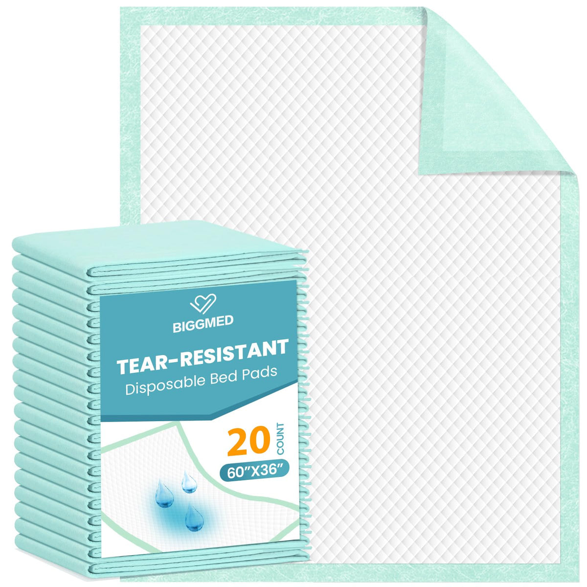 BIGGMED tear-resistant disposable bed pads pack-shot shows large 60x36 coverage ideal for adults