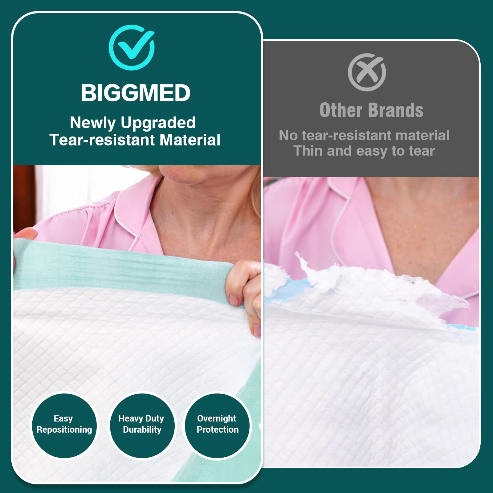 BIGGMED waterproof backing demonstrates leak protection for bed and furniture
