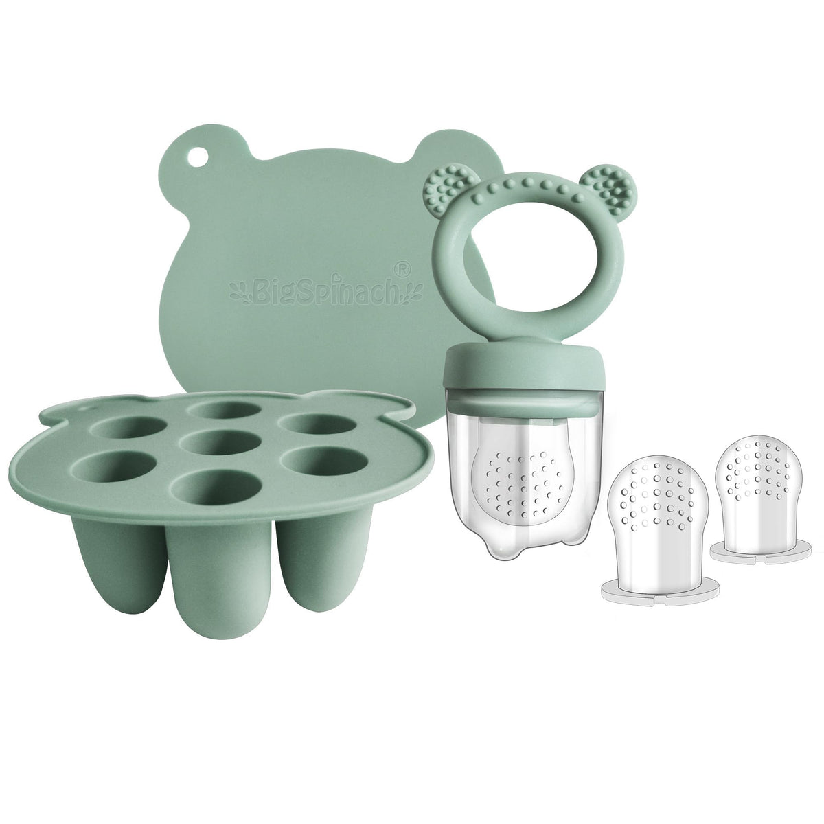 BIGSPINACH baby food freezer tray in silicone; safe self-feeding for teething.