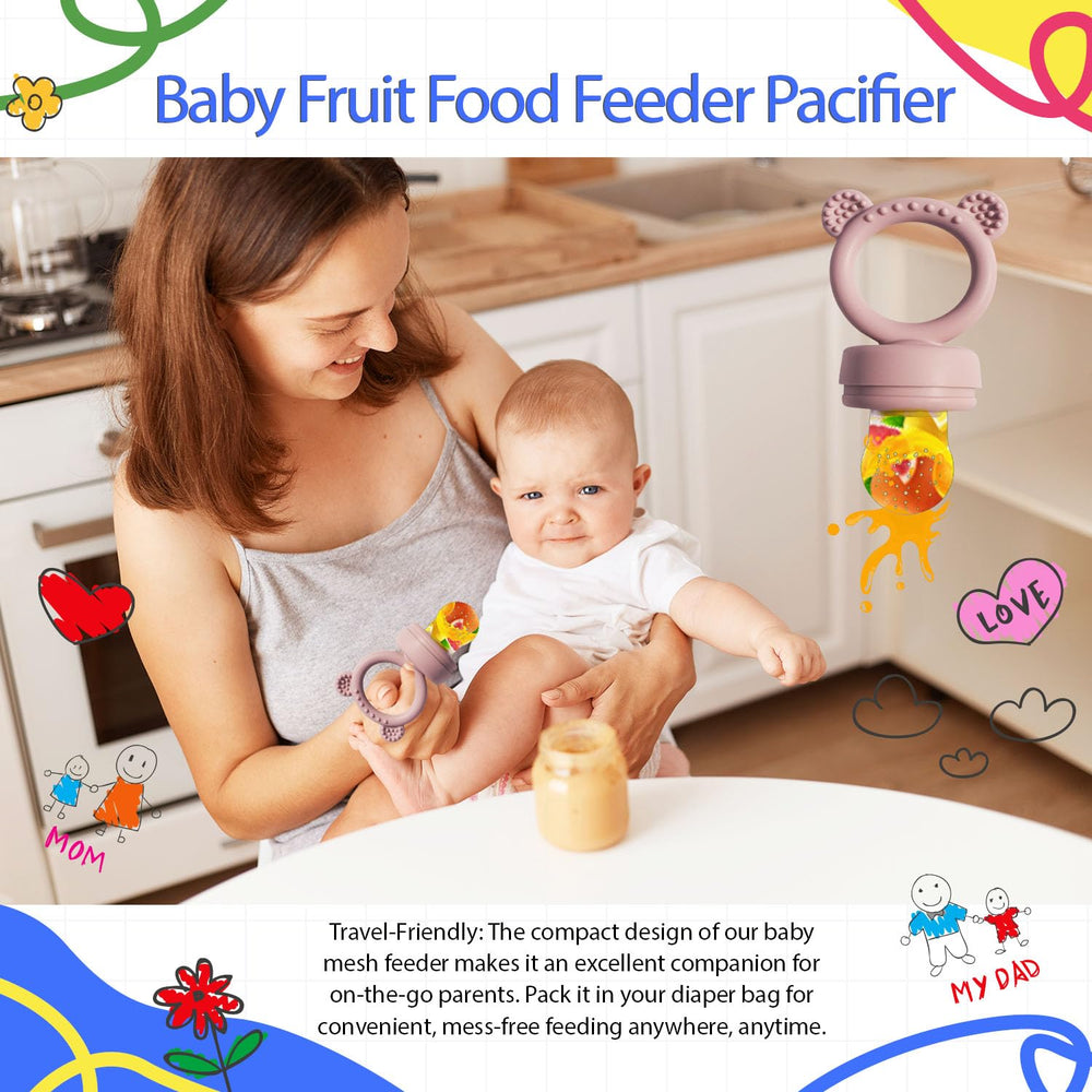BIGSPINACH baby fruit feeder pink, soothing gum-safe teether while introducing solids.