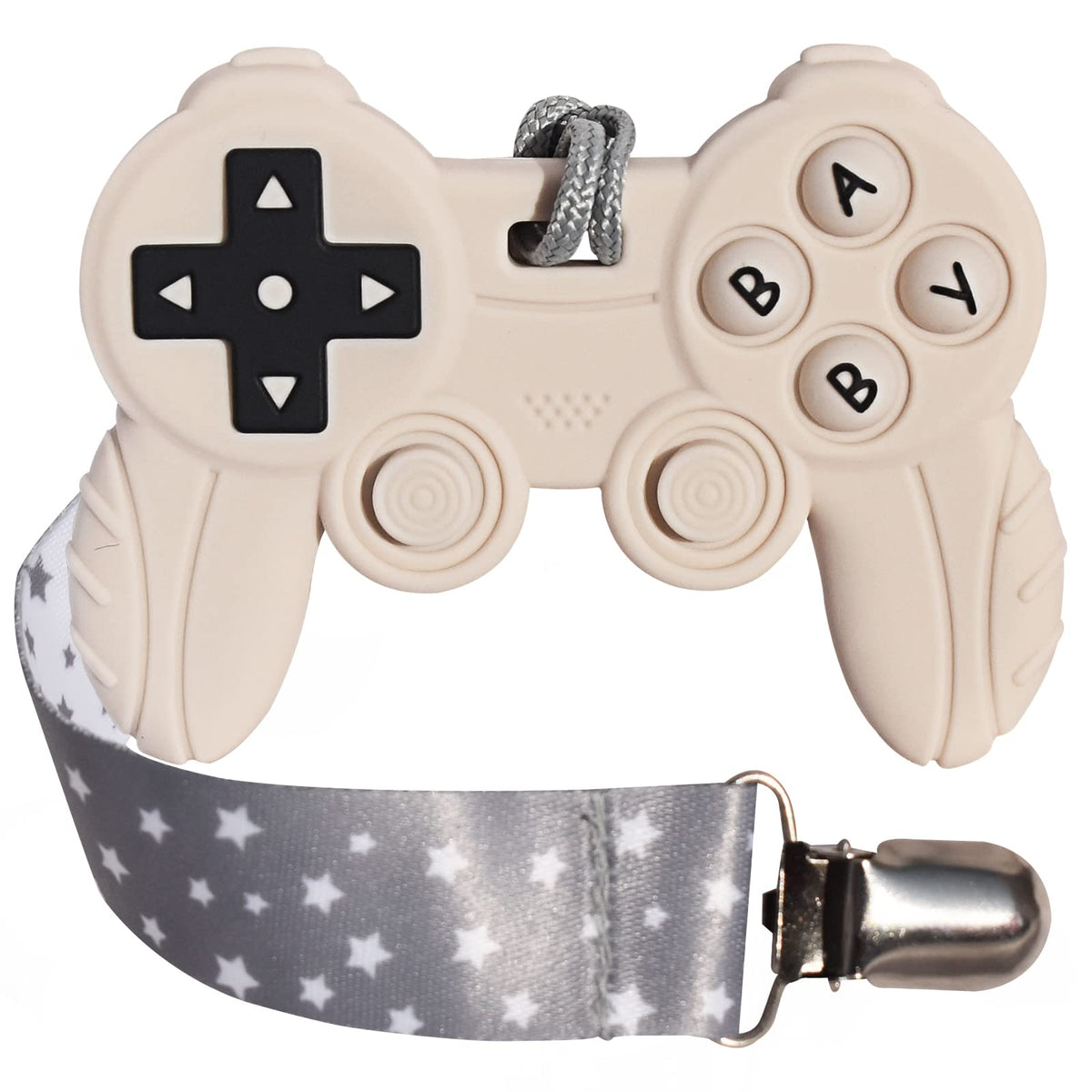 BIGSPINACH baby gaming controller teether white closeup, soothing gums while entertaining.