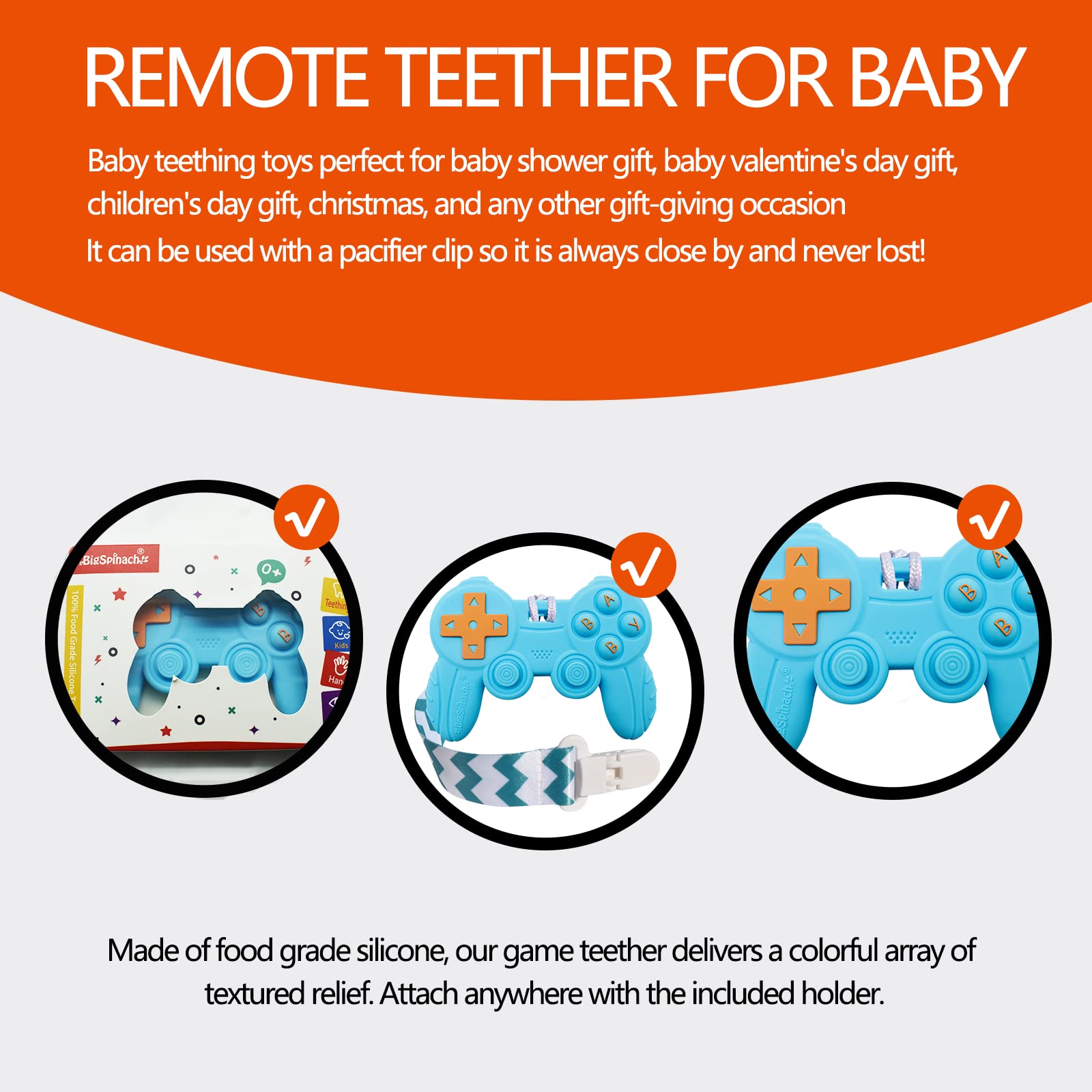 BIGSPINACH teether blue silicone material ensures durable, safe chewing