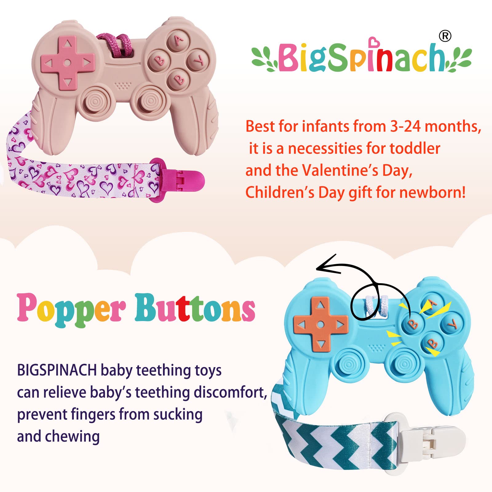 BIGSPINACH gaming controller teether design promotes playtime exploration.