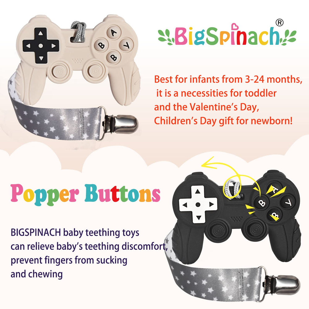 BIGSPINACH teether joystick closeup highlights sensory play and grip.