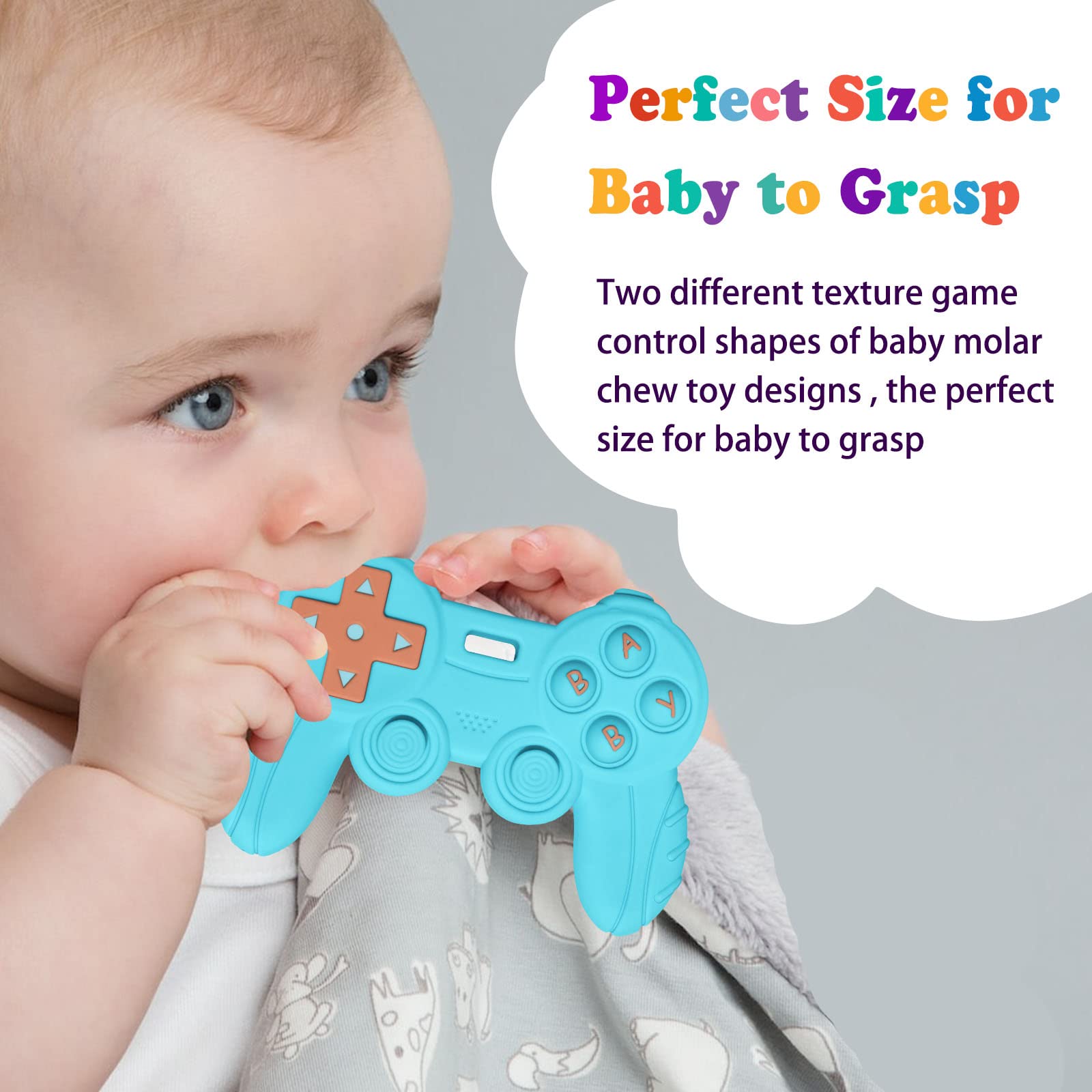 BIGSPINACH baby teether with four pressable buttons for dexterity.