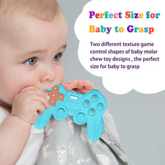 BIGSPINACH baby teether with four pressable buttons for dexterity.