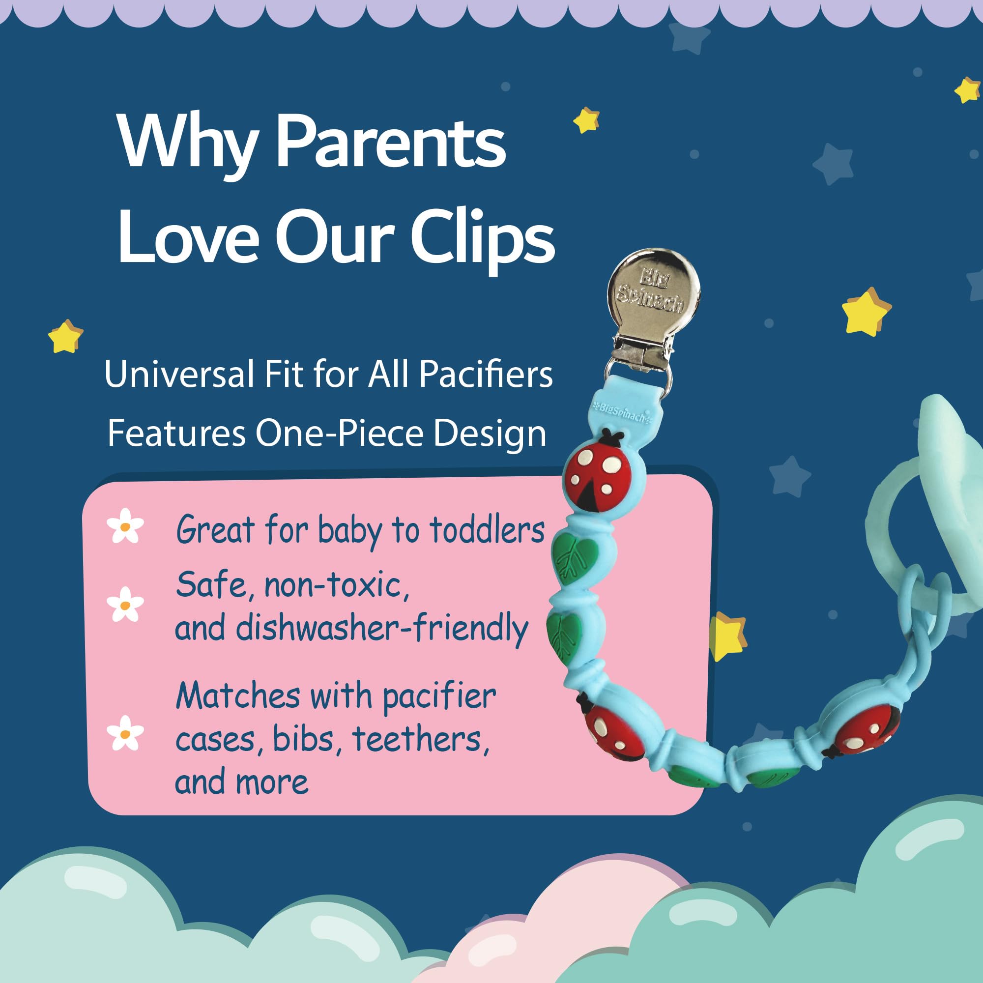 BigSpinach BPA-free durable pacifier clip ready for daily use.