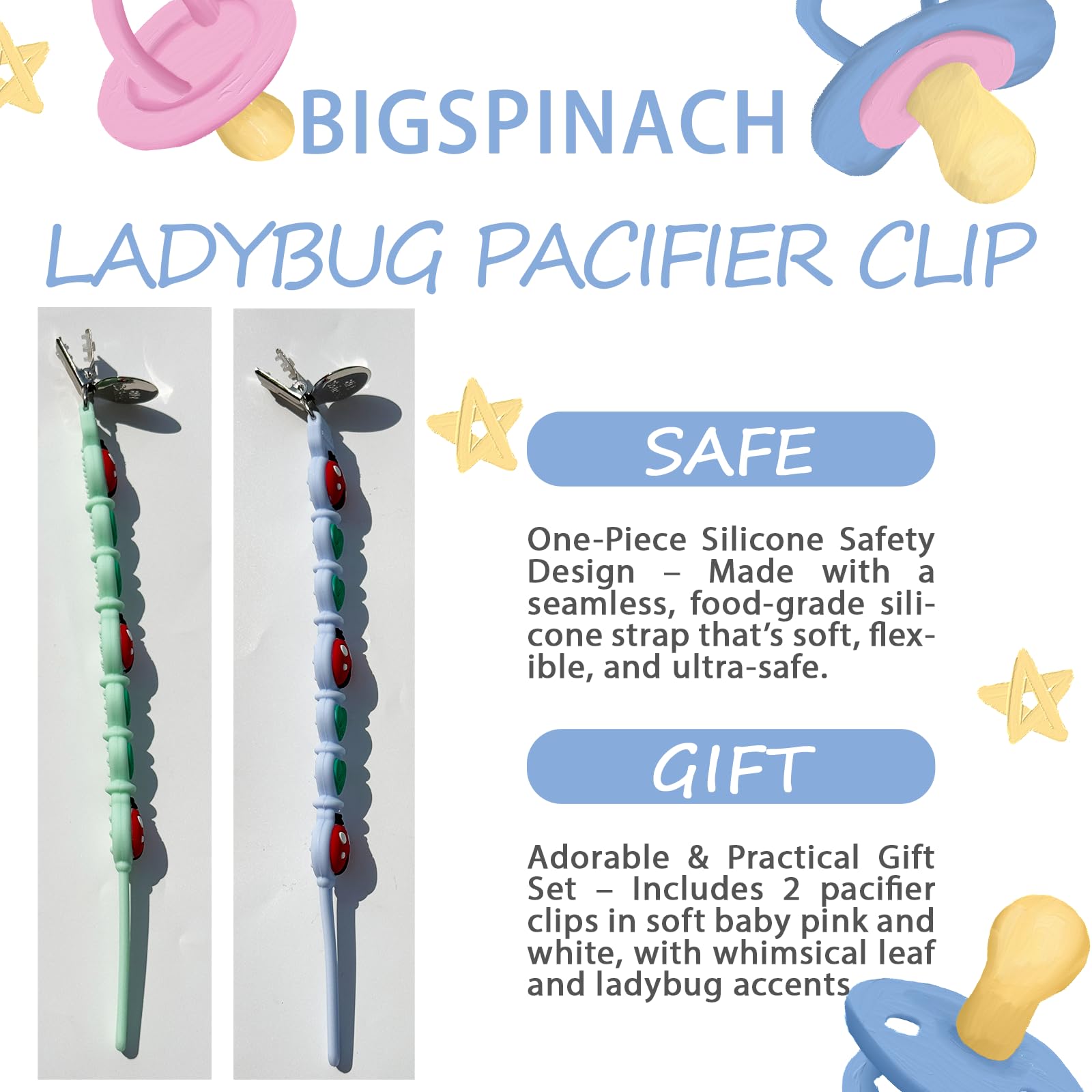 BIGSPINACH BPA-free pacifier clip for safe daily use