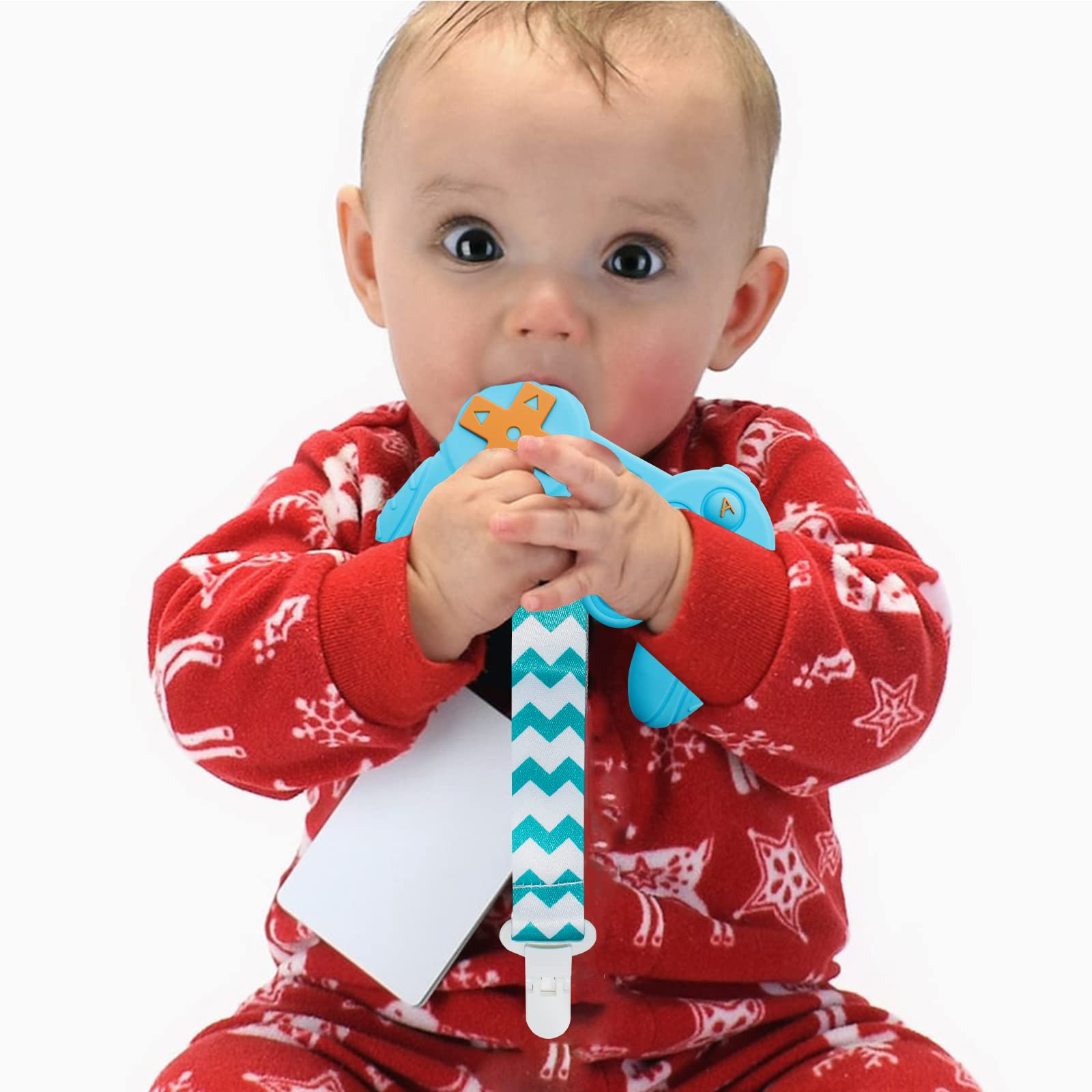 BIGSPINACH remote teether blue joystick close-up highlights playful button pops