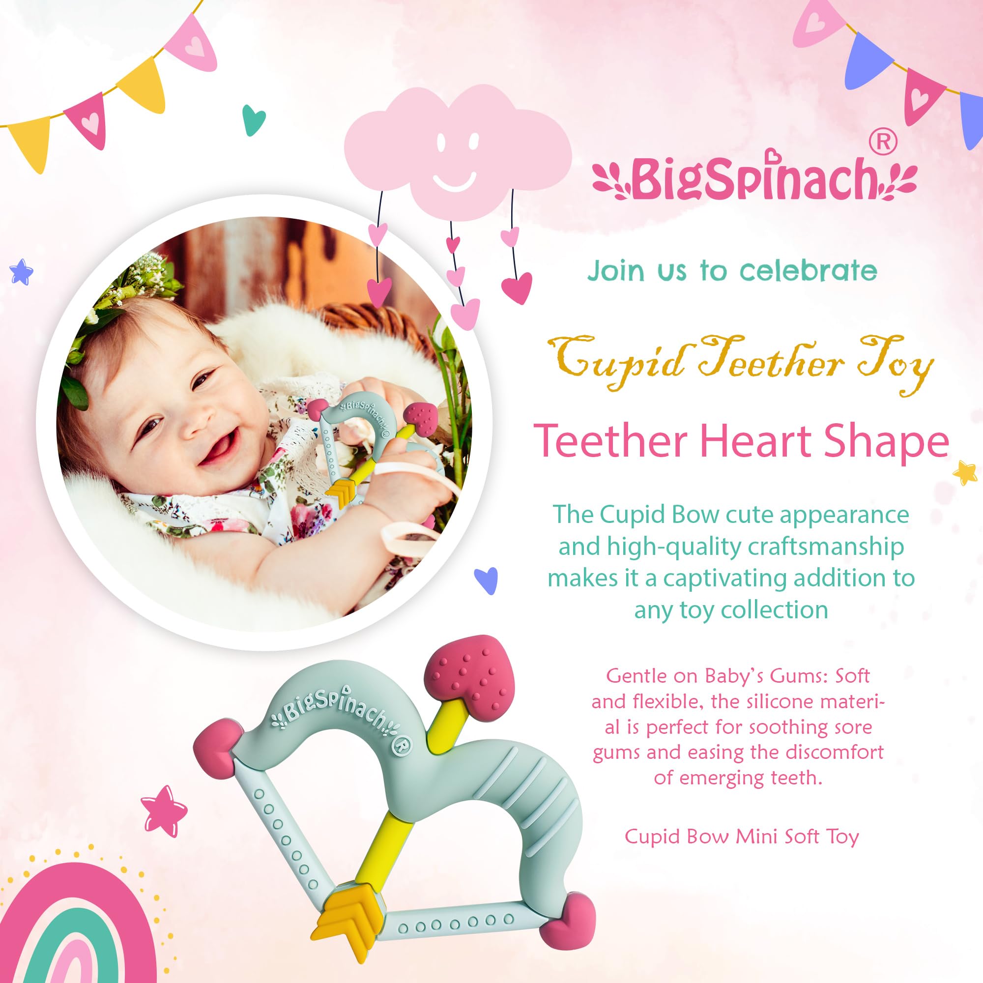 BIGSPINACH easy-grip teether promotes secure hold for little hands.