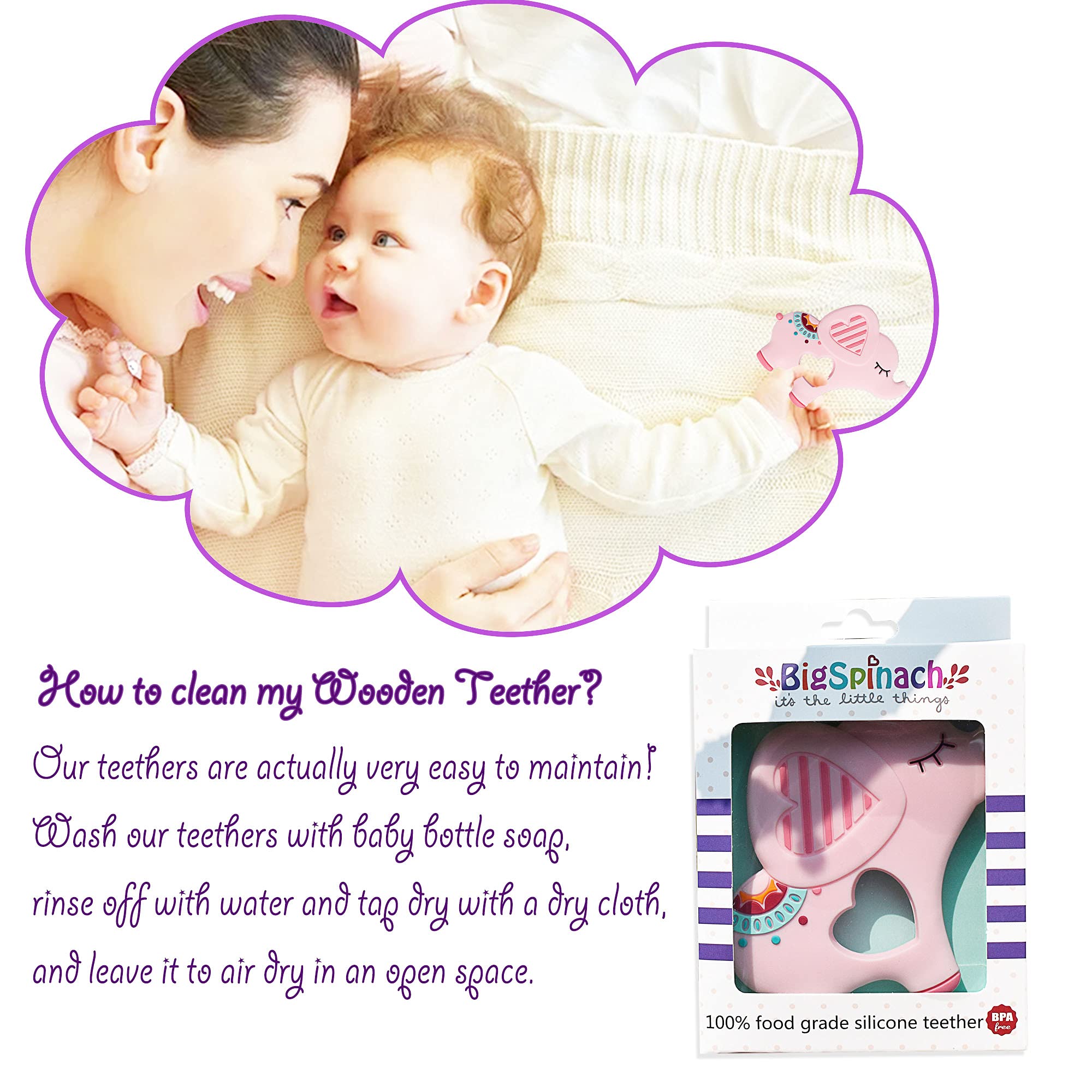 Bigspinach gift-ready pink teether ideal for new moms and infants