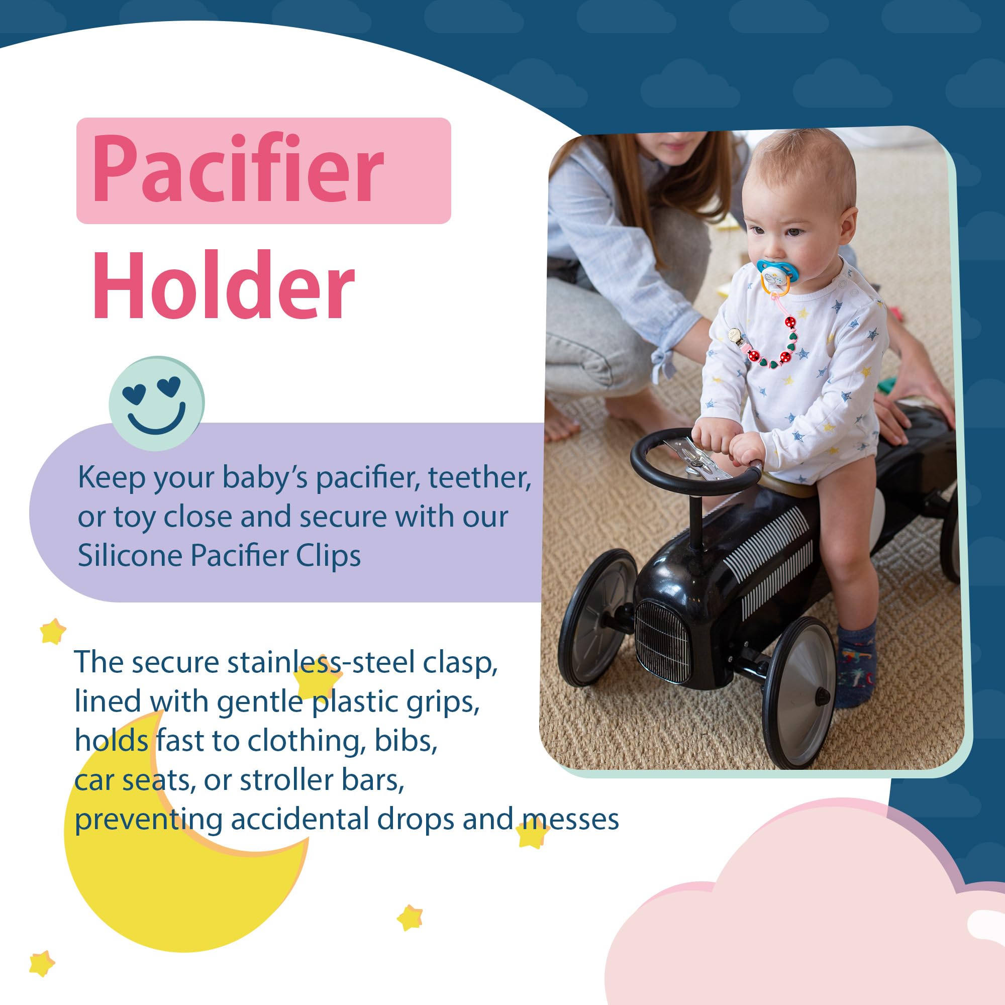 BIGSPINACH pacifier clip attaches to clothing or stroller for outings