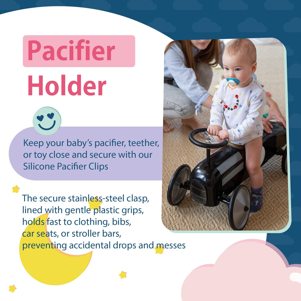 BIGSPINACH pacifier clip attaches to clothing or stroller for outings
