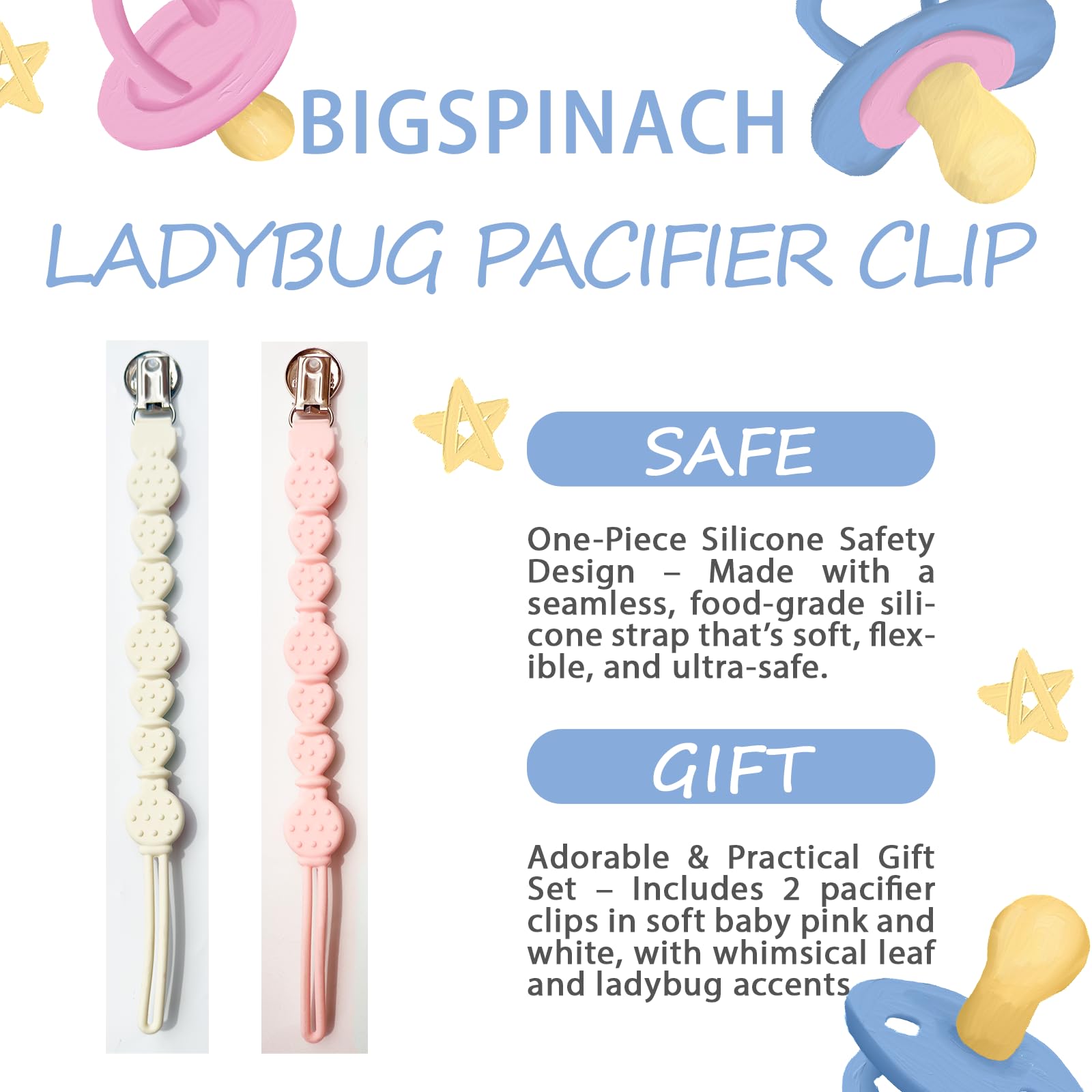 BIGSPINACH pacifier clip attached to baby clothing for easy daily access