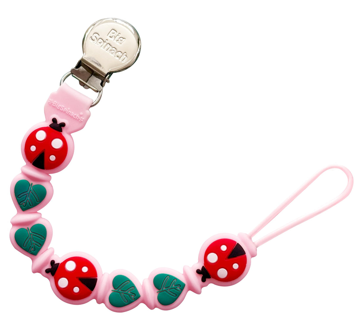 BIGSPINACH pacifier clip pink soft silicone keeps pacifier secure and reachable