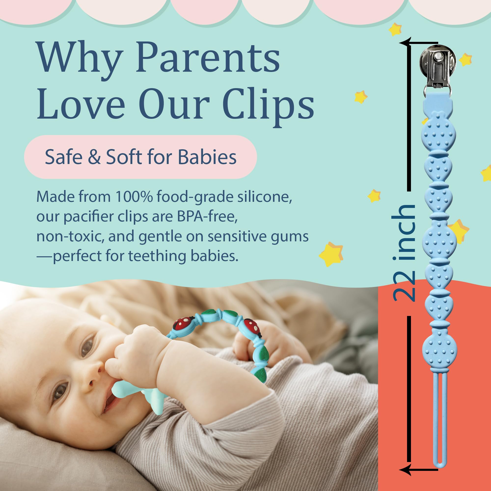 BigSpinach pacifier clip secure clasp attached to baby clothing during activity.