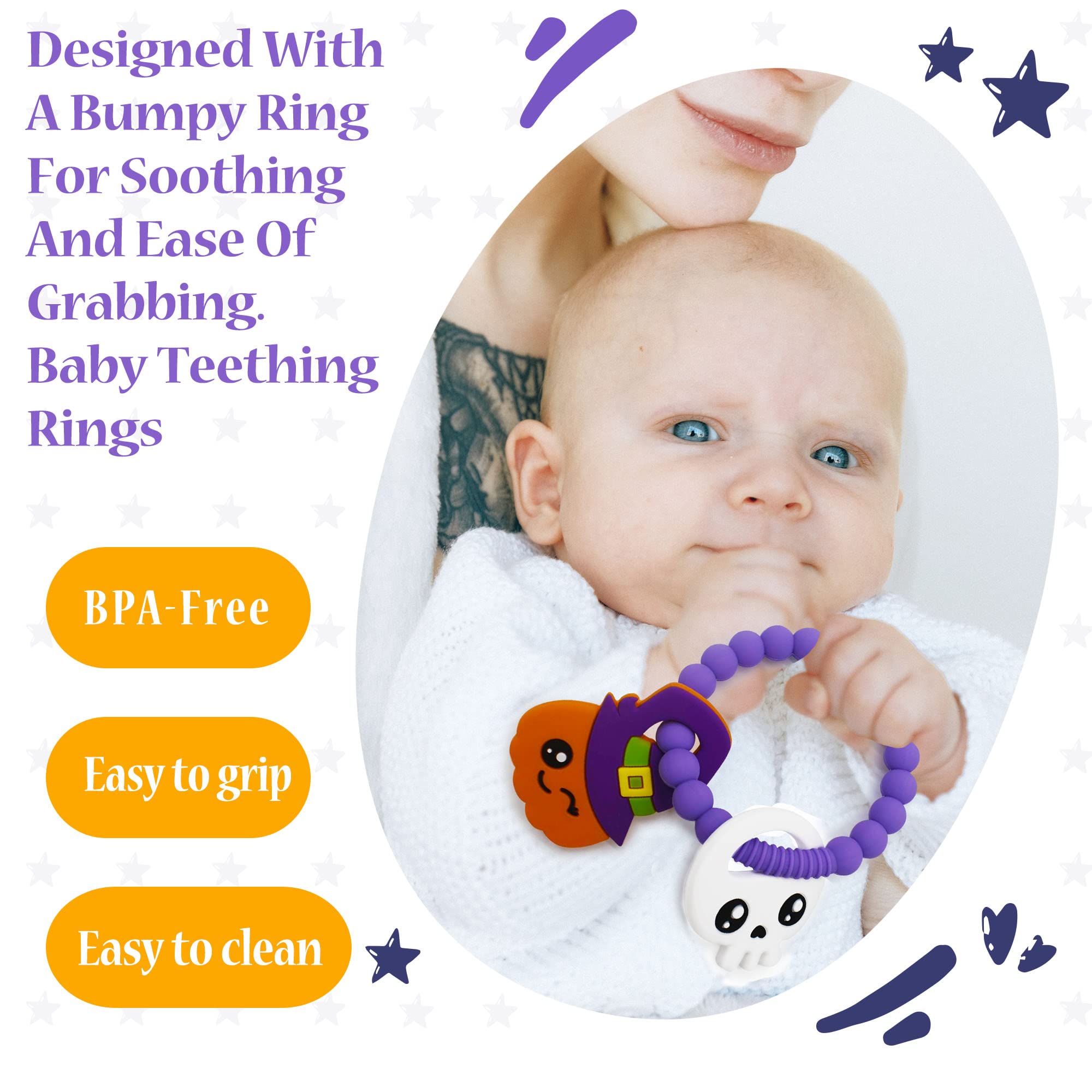 BIGSPINACH pumpkin teether pumpkin close-up, bright Halloween design for curious babies